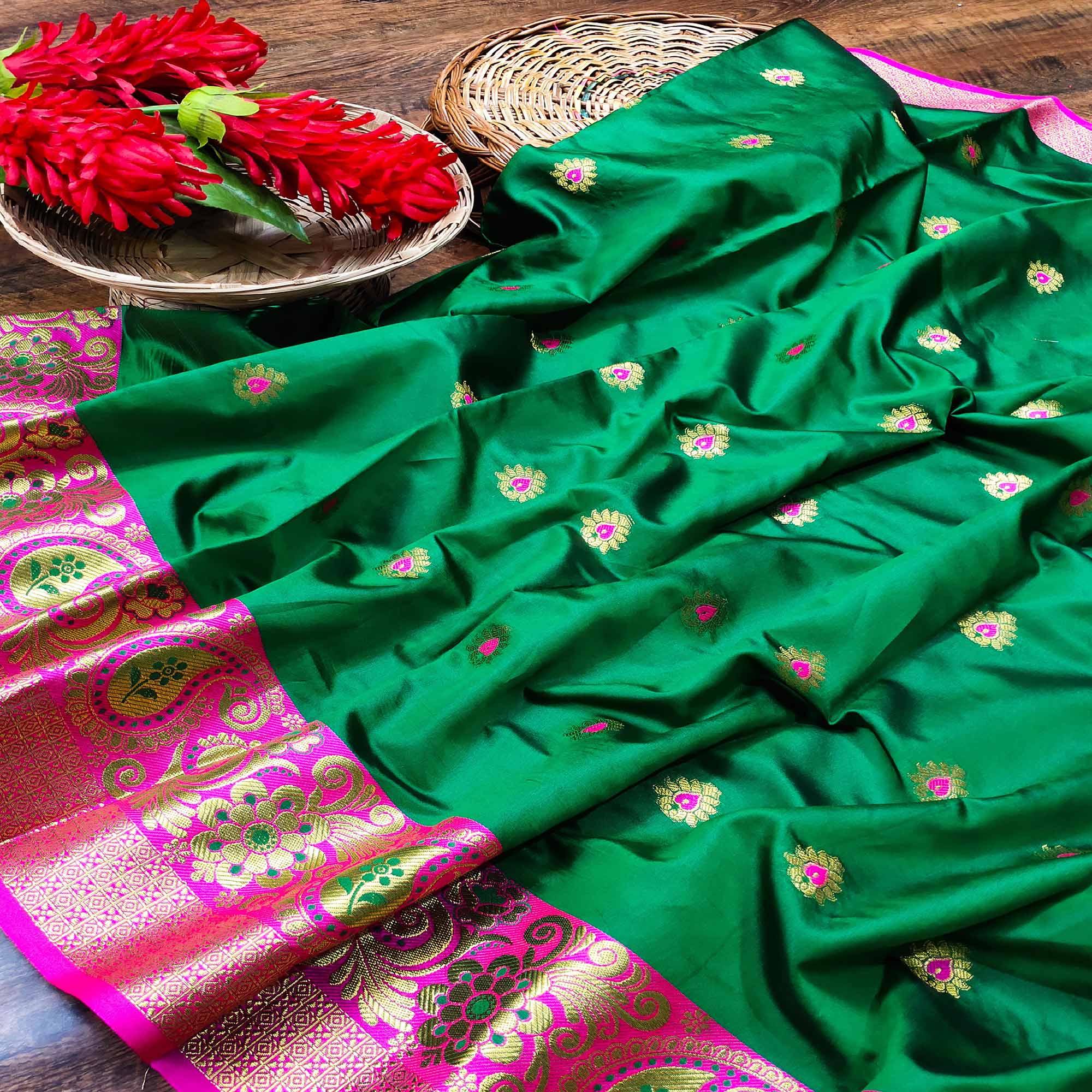 Hypnotic Green Colored Festive Wear Woven Kanjivaram Silk Saree - Peachmode