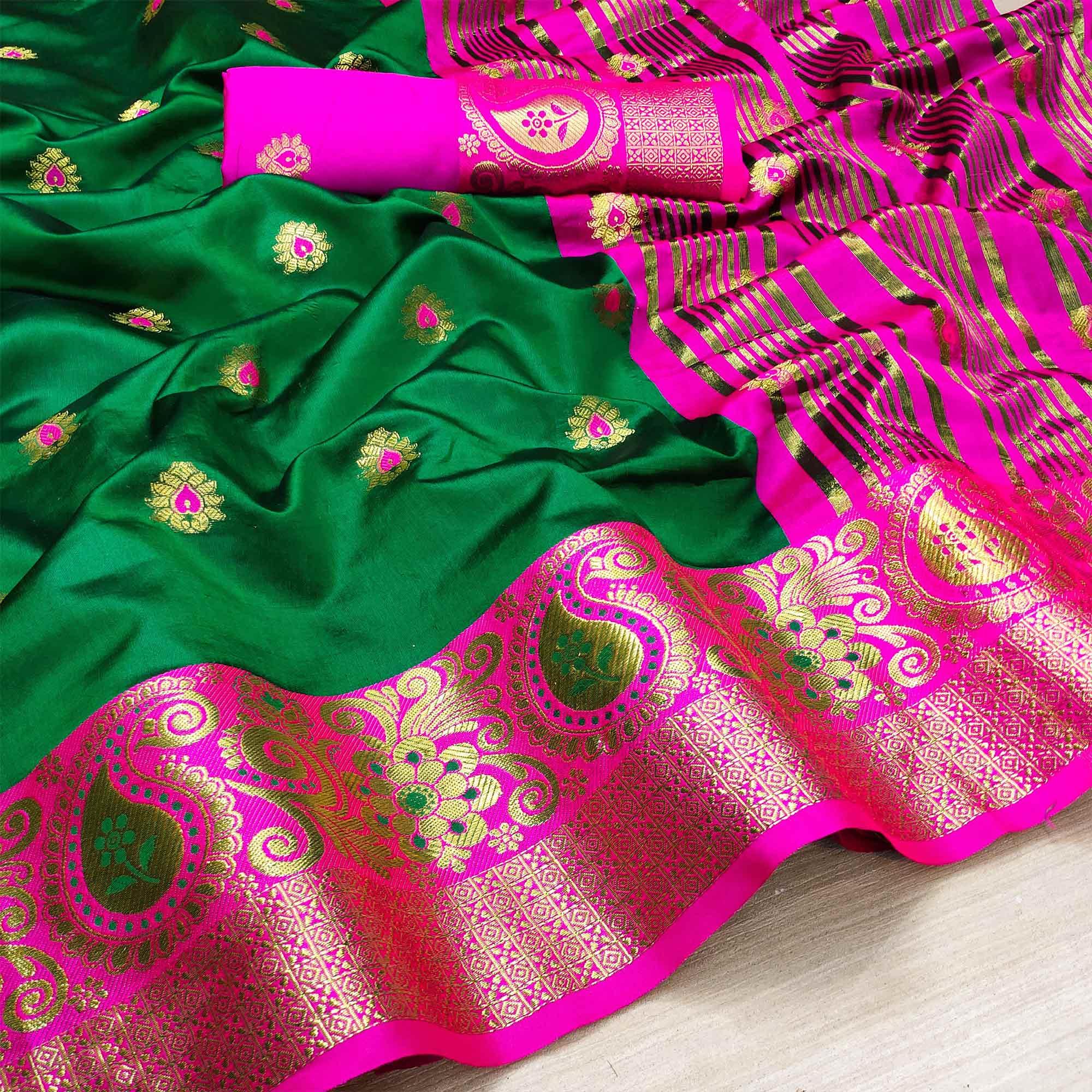 Hypnotic Green Colored Festive Wear Woven Kanjivaram Silk Saree - Peachmode
