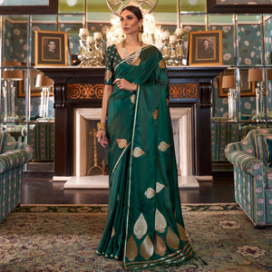 Hypnotic Green Colored Festive Wear Woven Pure Satin Silk Saree - Peachmode