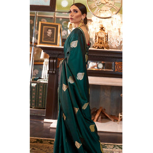 Hypnotic Green Colored Festive Wear Woven Pure Satin Silk Saree - Peachmode