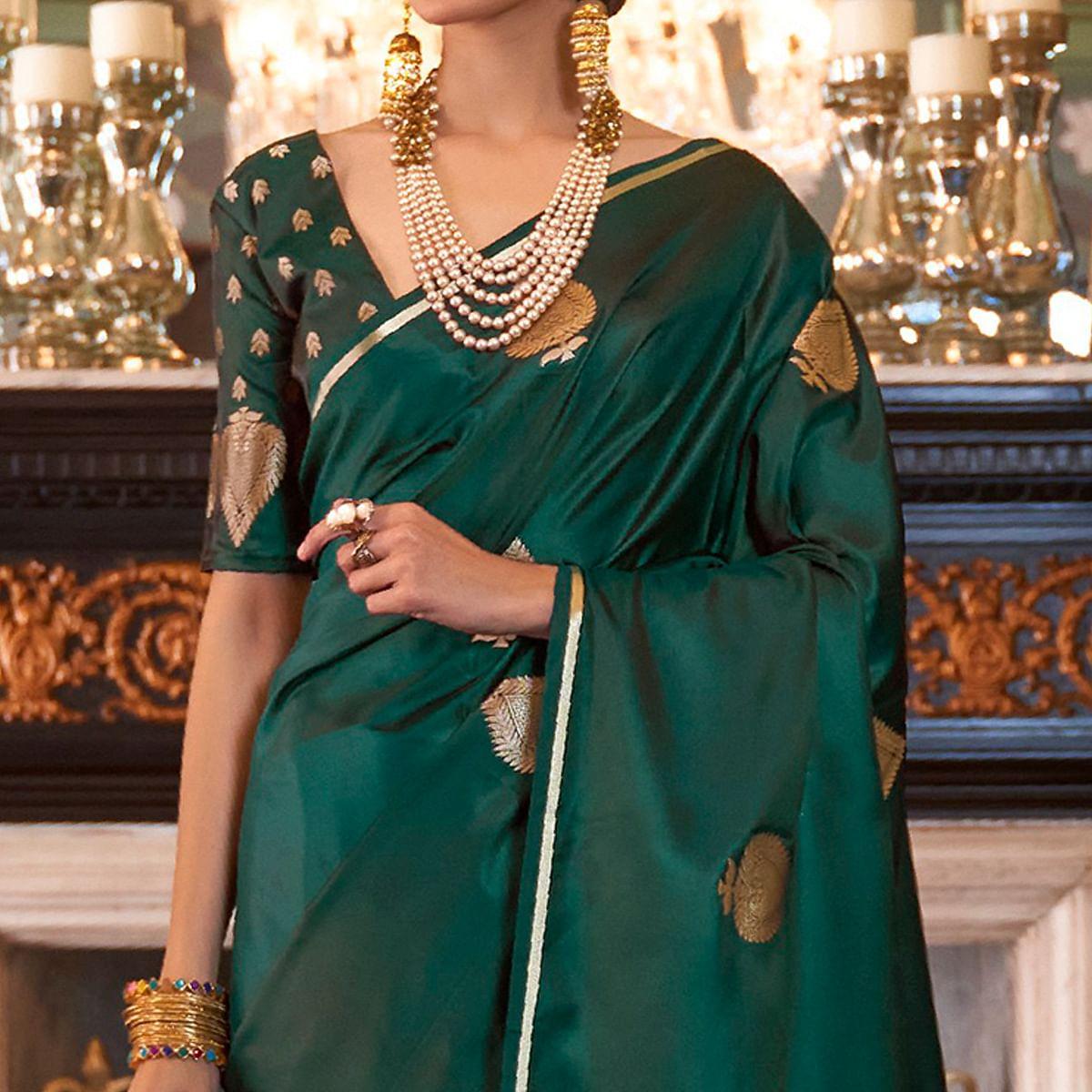 Hypnotic Green Colored Festive Wear Woven Pure Satin Silk Saree - Peachmode