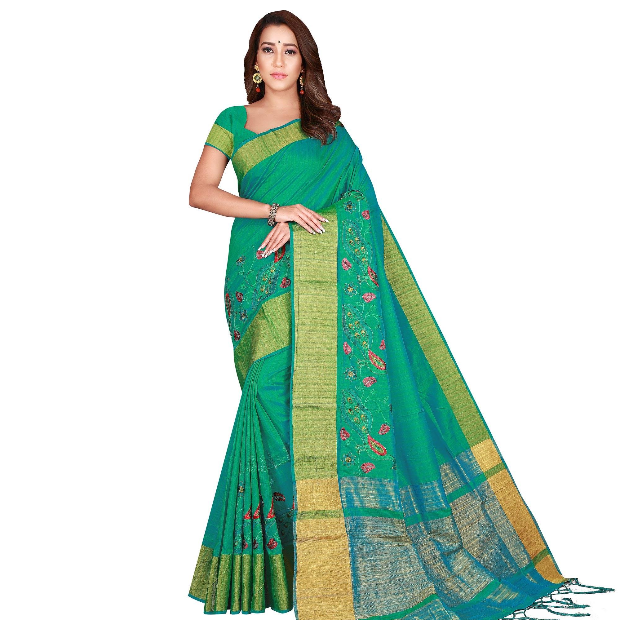 Hypnotic Green Colored Festive Wear Woven Silk Saree - Peachmode