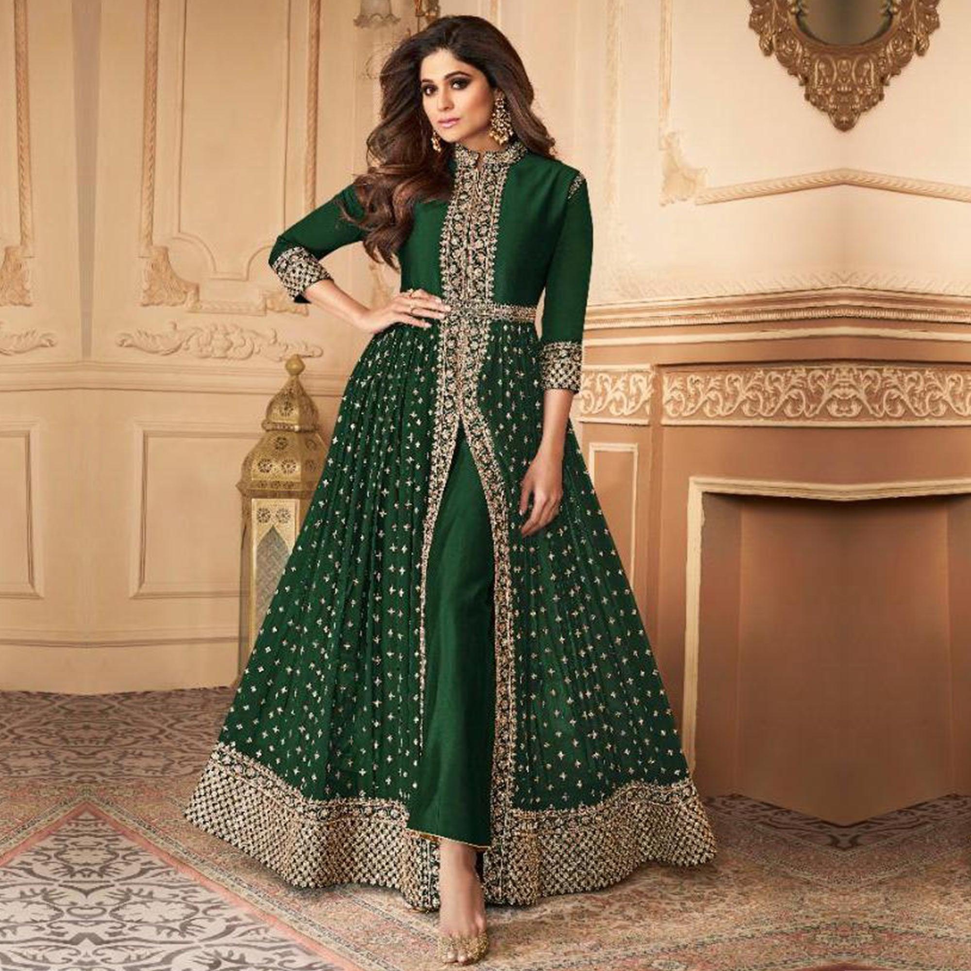 Hypnotic Green Colored Partywear Embroidered Faux Georgette Abaya Style anarkali  Suit - Peachmode