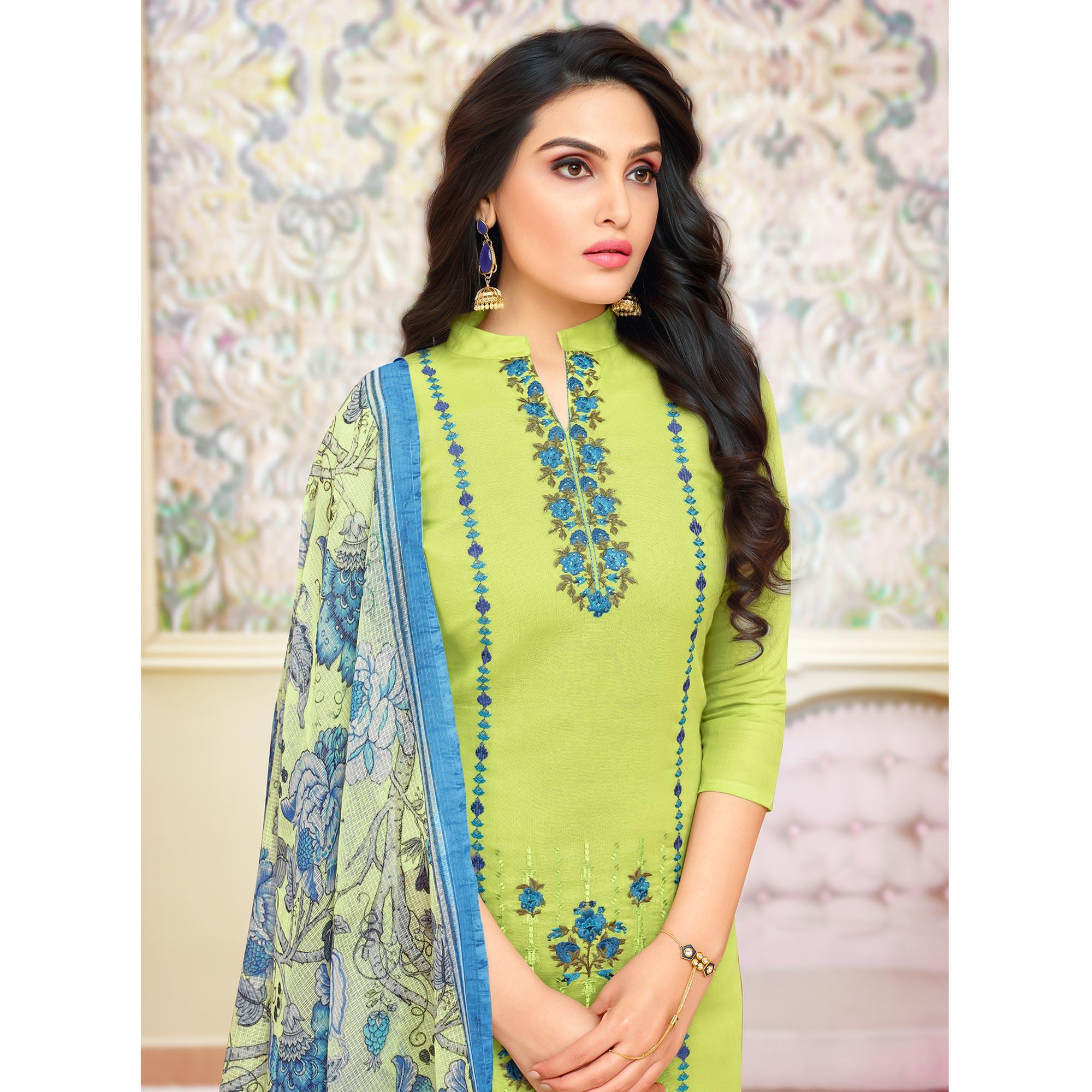Hypnotic Green Colored Partywear Embroidered Modal Silk Suit - Peachmode