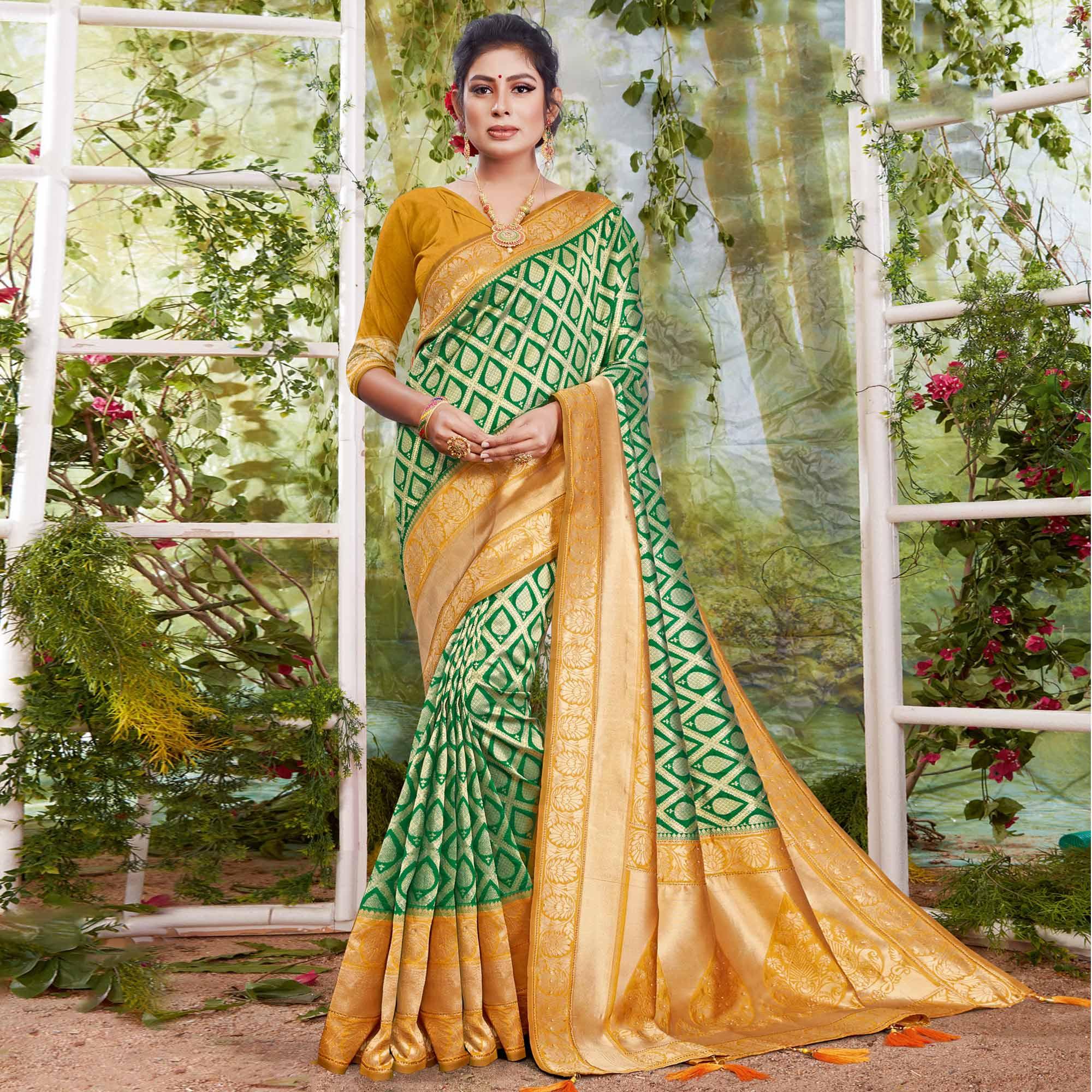 Hypnotic Green Coloured Festive Wear Woven Silk Saree - Peachmode