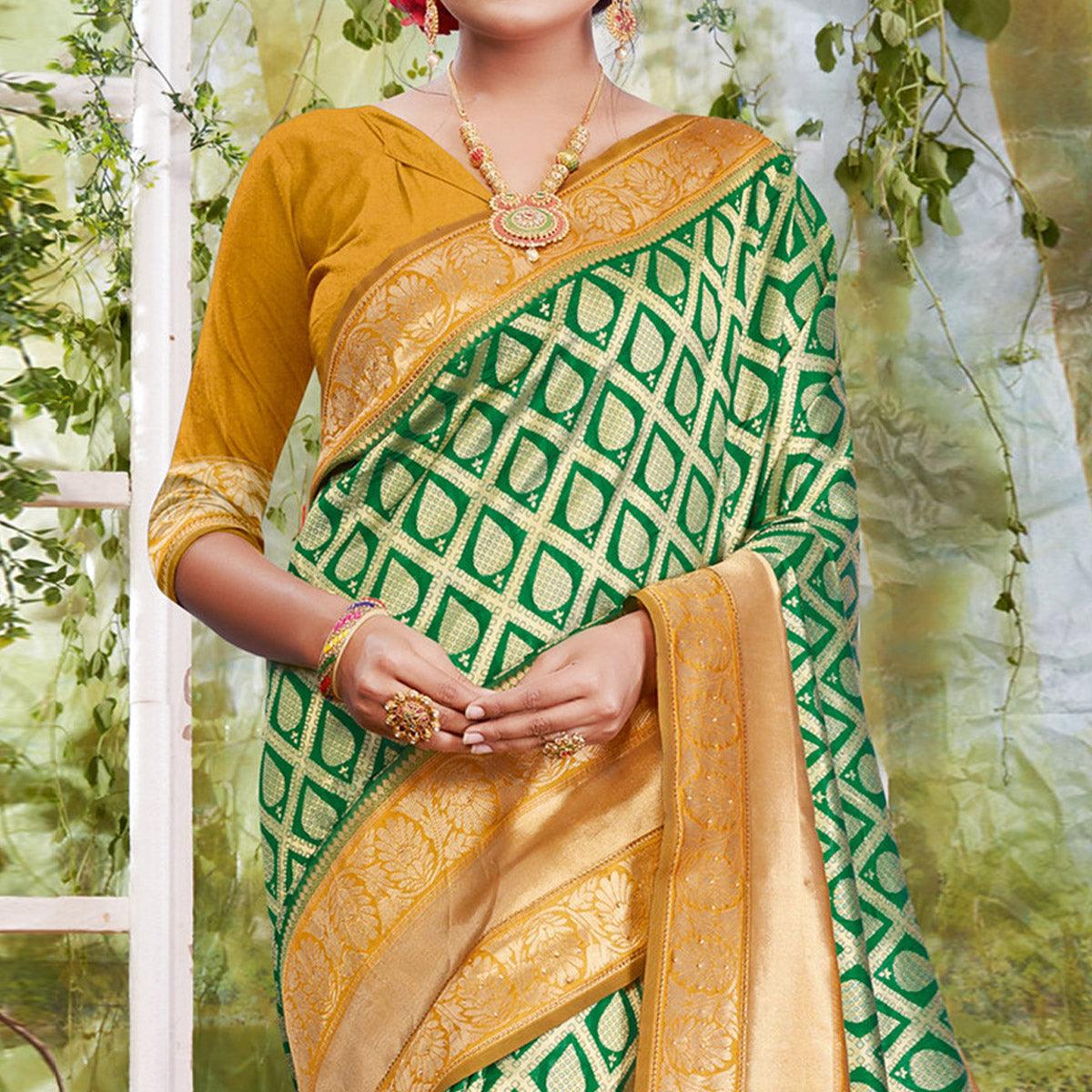 Hypnotic Green Coloured Festive Wear Woven Silk Saree - Peachmode