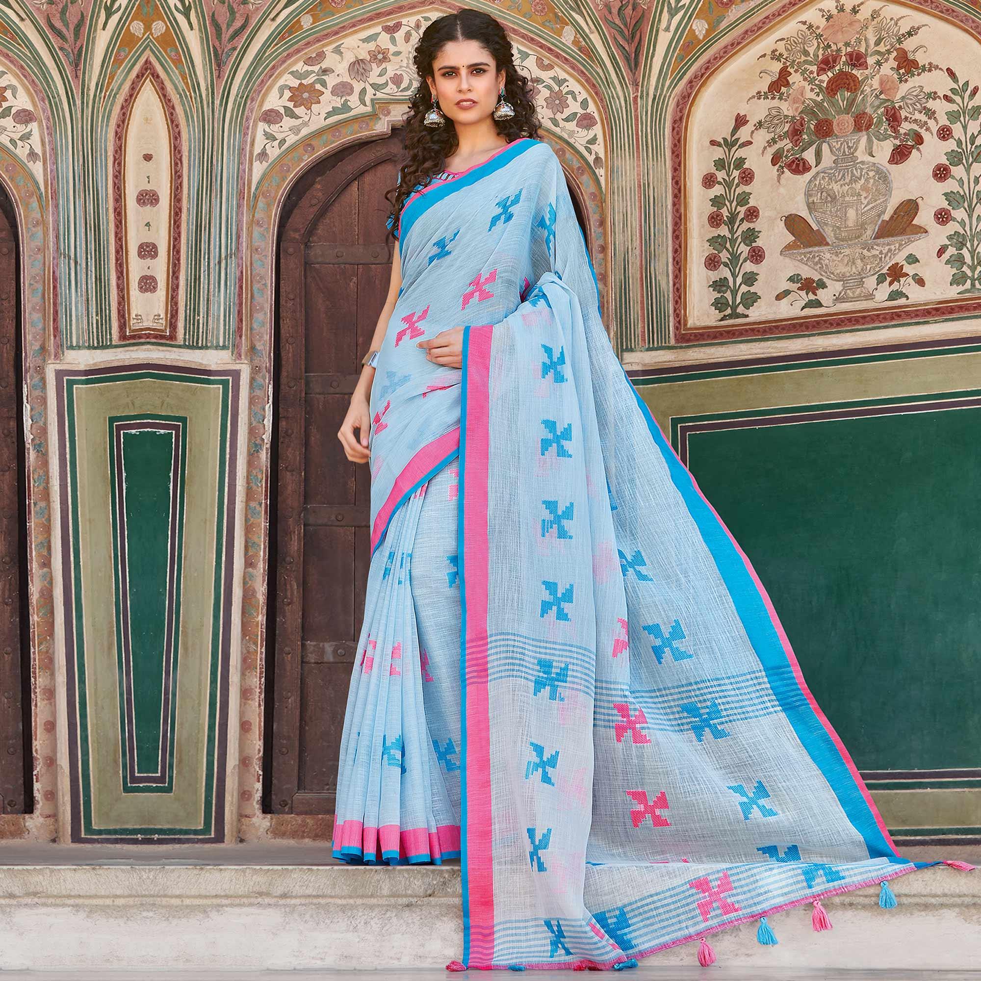 Hypnotic Light Blue Colored Casual Printed Linen Cotton Saree With Tassels - Peachmode