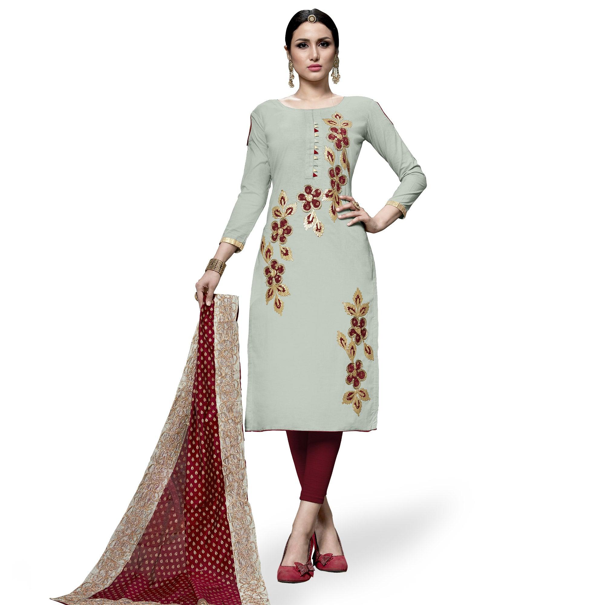 Hypnotic Light Green Colored Partywear Embroidered Cotton Dress Material - Peachmode