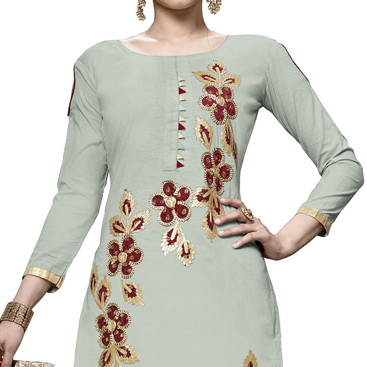 Hypnotic Light Green Colored Partywear Embroidered Cotton Dress Material - Peachmode