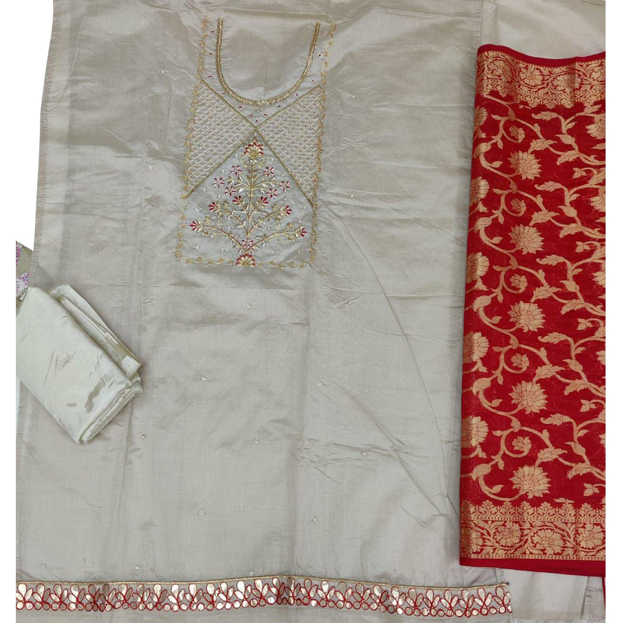 Hypnotic Light Grey Colored Festive Wear Embroidered Modal Chanderi Dress Material - Peachmode