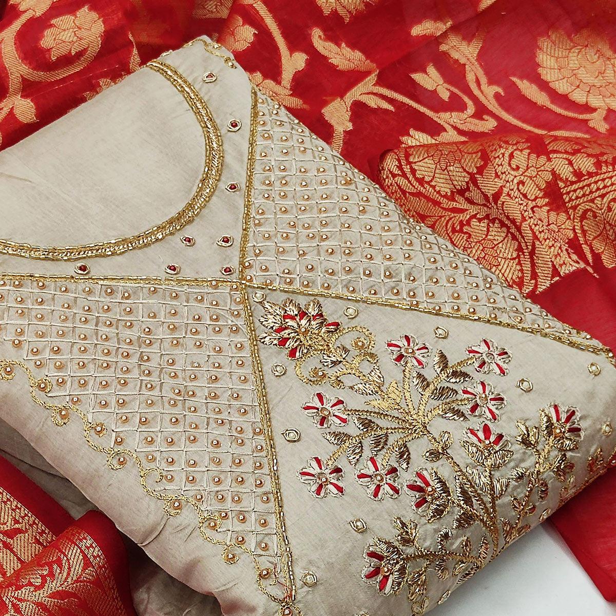 Hypnotic Light Grey Colored Festive Wear Embroidered Modal Chanderi Dress Material - Peachmode