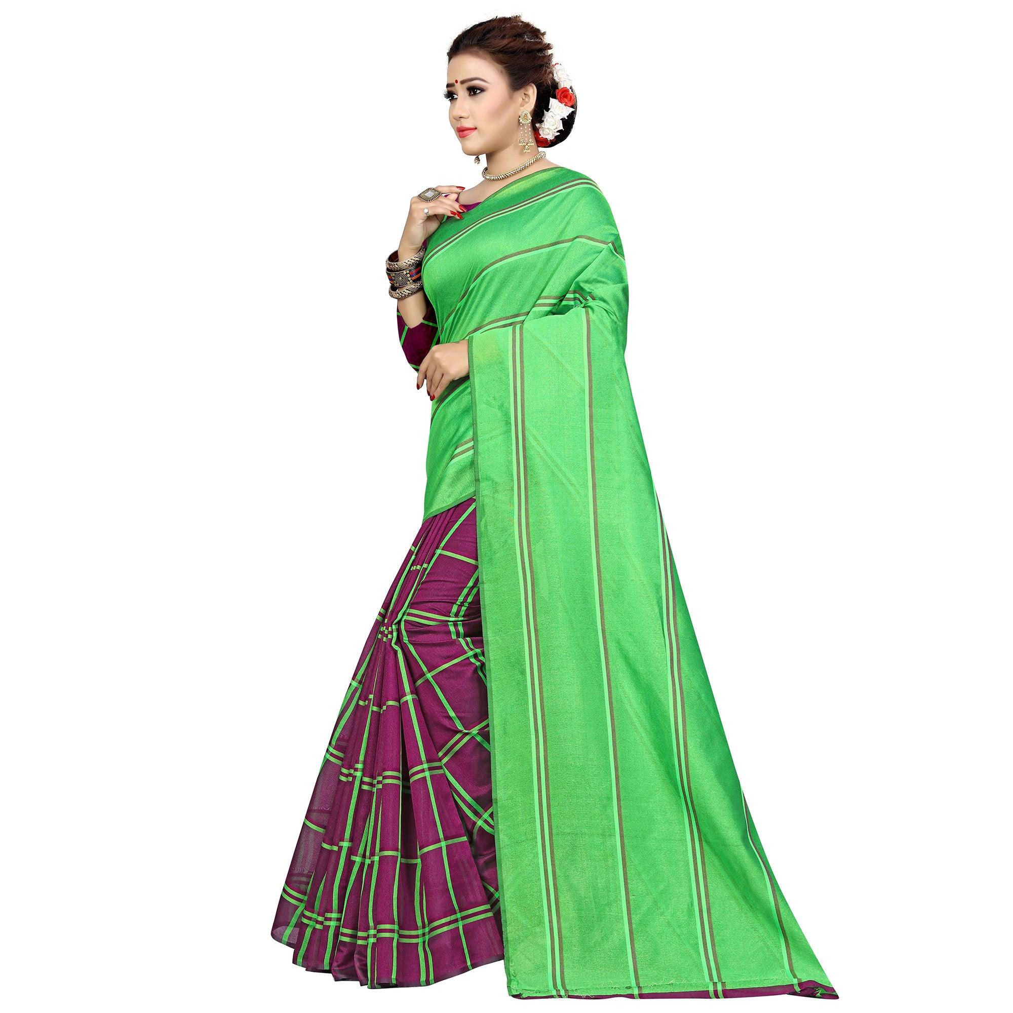 Hypnotic Magenta Pink-Green Colored Casual Printed Cotton Silk Saree - Peachmode