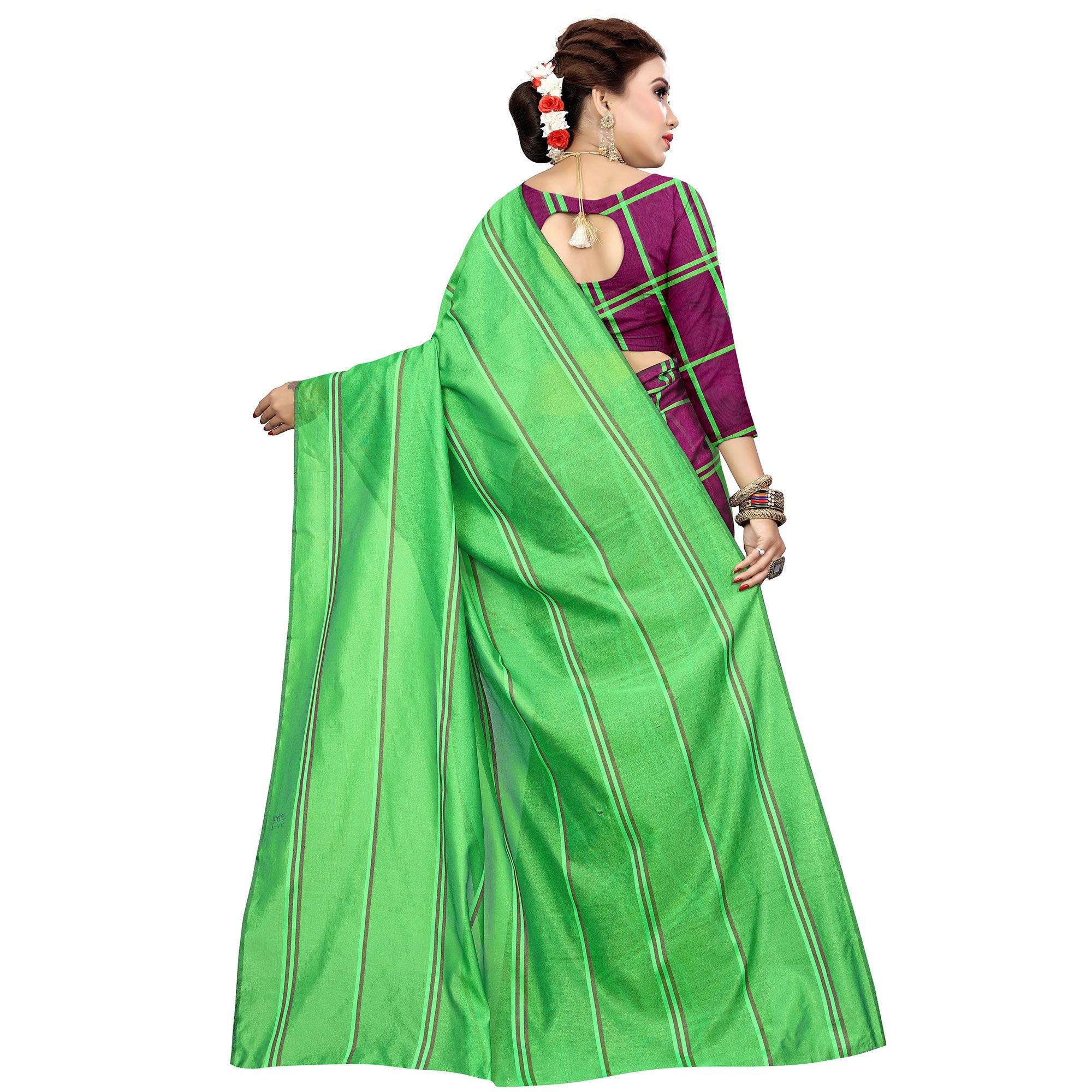 Hypnotic Magenta Pink-Green Colored Casual Printed Cotton Silk Saree - Peachmode