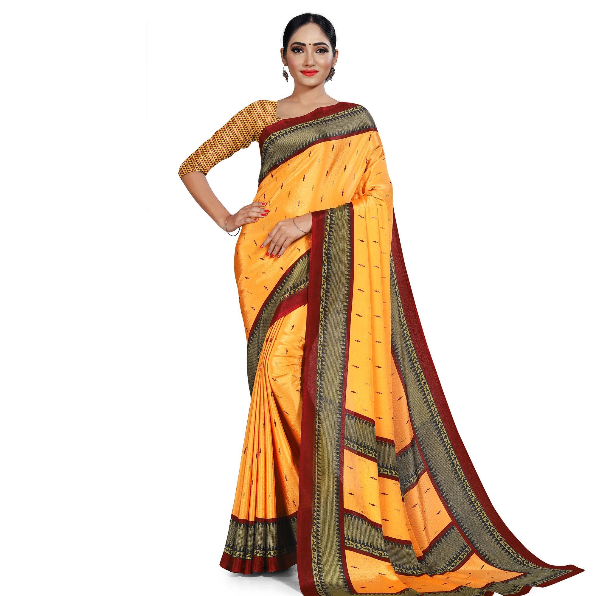 Hypnotic Mustard Yellow Colored Casual Wear Printed Crepe Saree - Peachmode