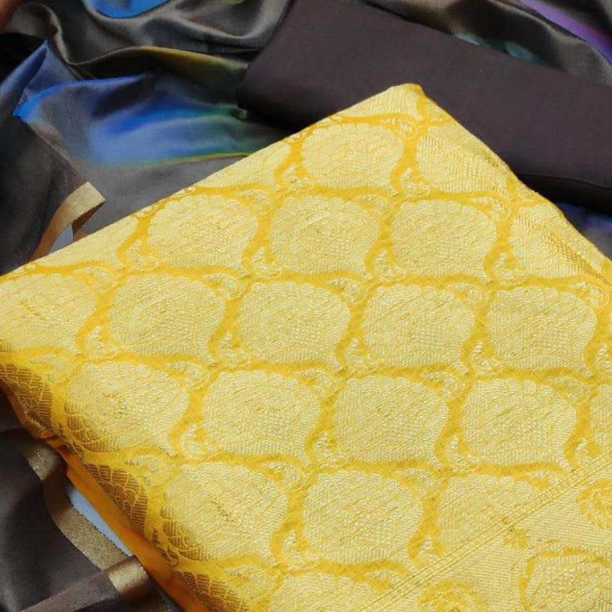 Hypnotic Mustard Yellow Colored Casual Wear Woven Banarasi Silk Dress Material - Peachmode