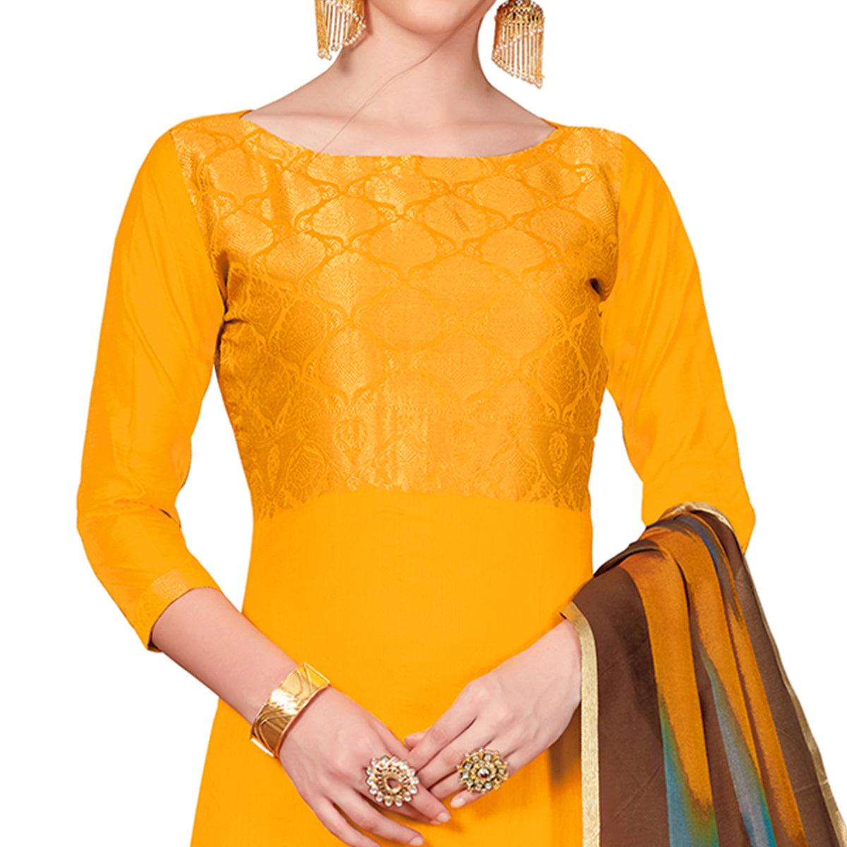 Hypnotic Mustard Yellow Colored Casual Wear Woven Banarasi Silk Dress Material - Peachmode
