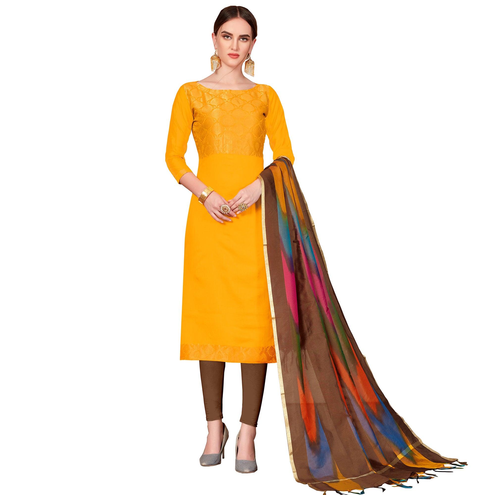 Hypnotic Mustard Yellow Colored Casual Wear Woven Banarasi Silk Dress Material - Peachmode
