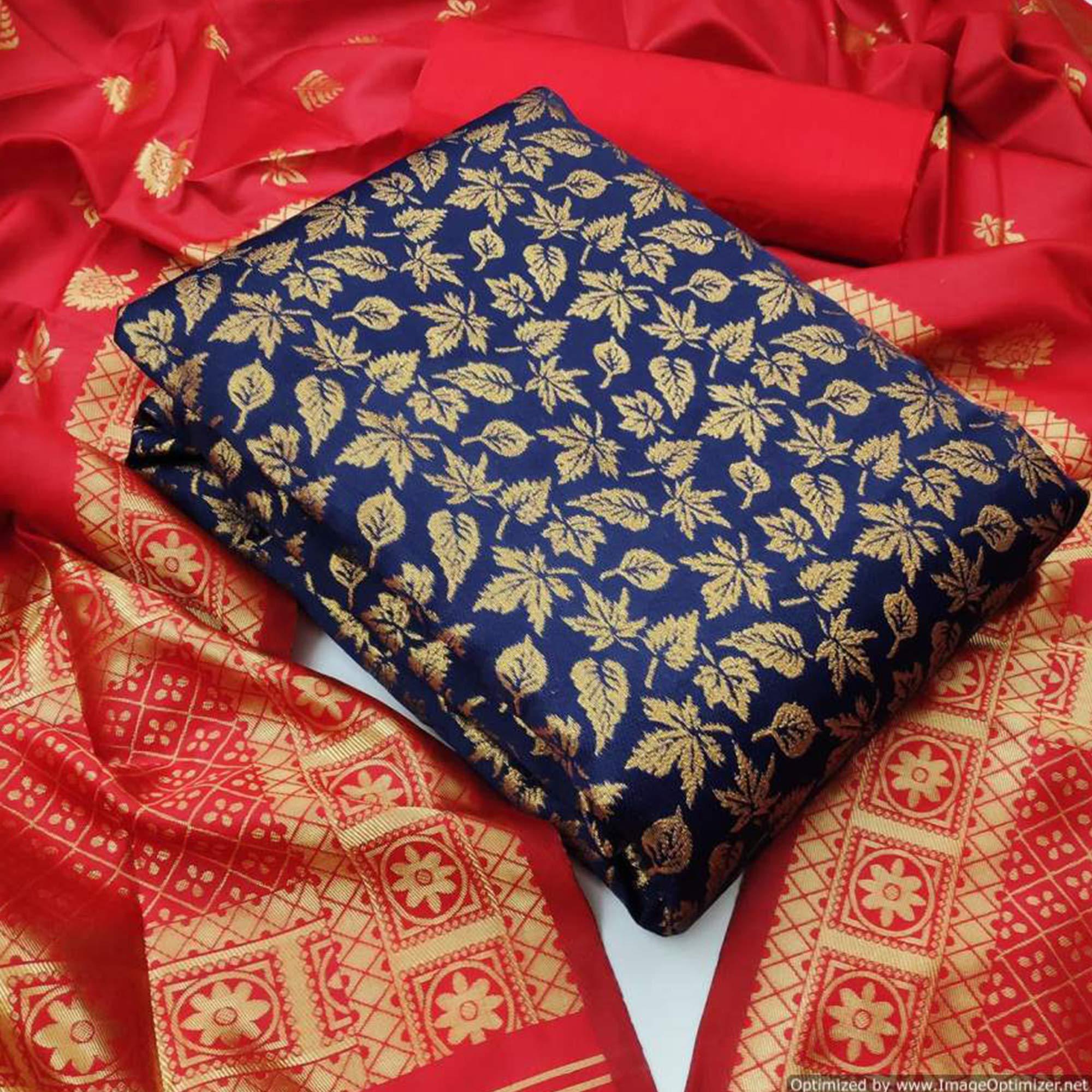 Hypnotic Navy Blue Colored Casual Wear Banarasi Silk Dress Material - Peachmode