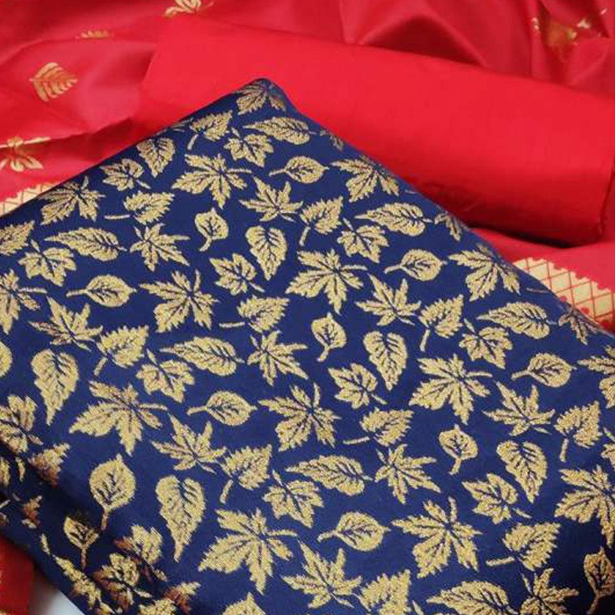Hypnotic Navy Blue Colored Casual Wear Banarasi Silk Dress Material - Peachmode