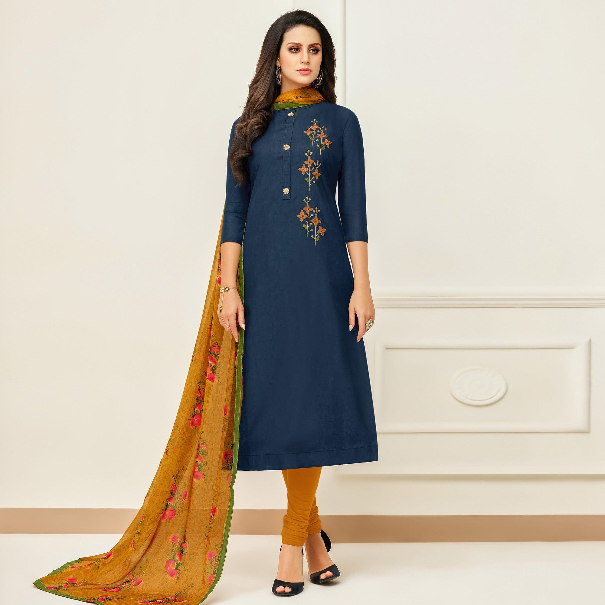 Hypnotic Navy Blue Colored Casual Wear Printed Chanderi Dress Material - Peachmode