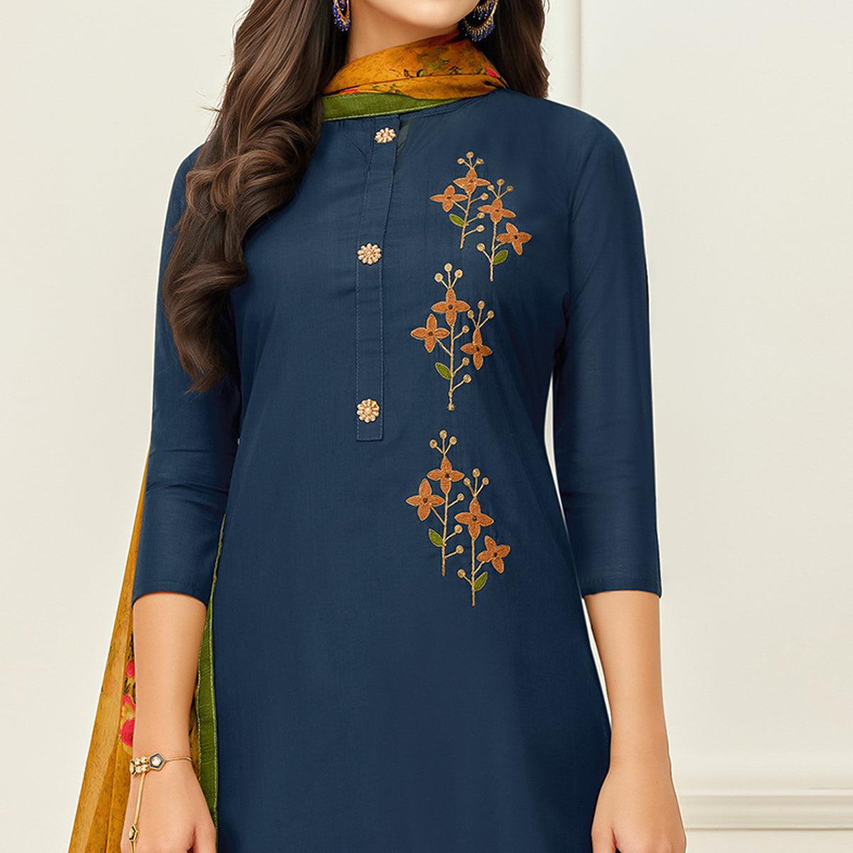 Hypnotic Navy Blue Colored Casual Wear Printed Chanderi Dress Material - Peachmode