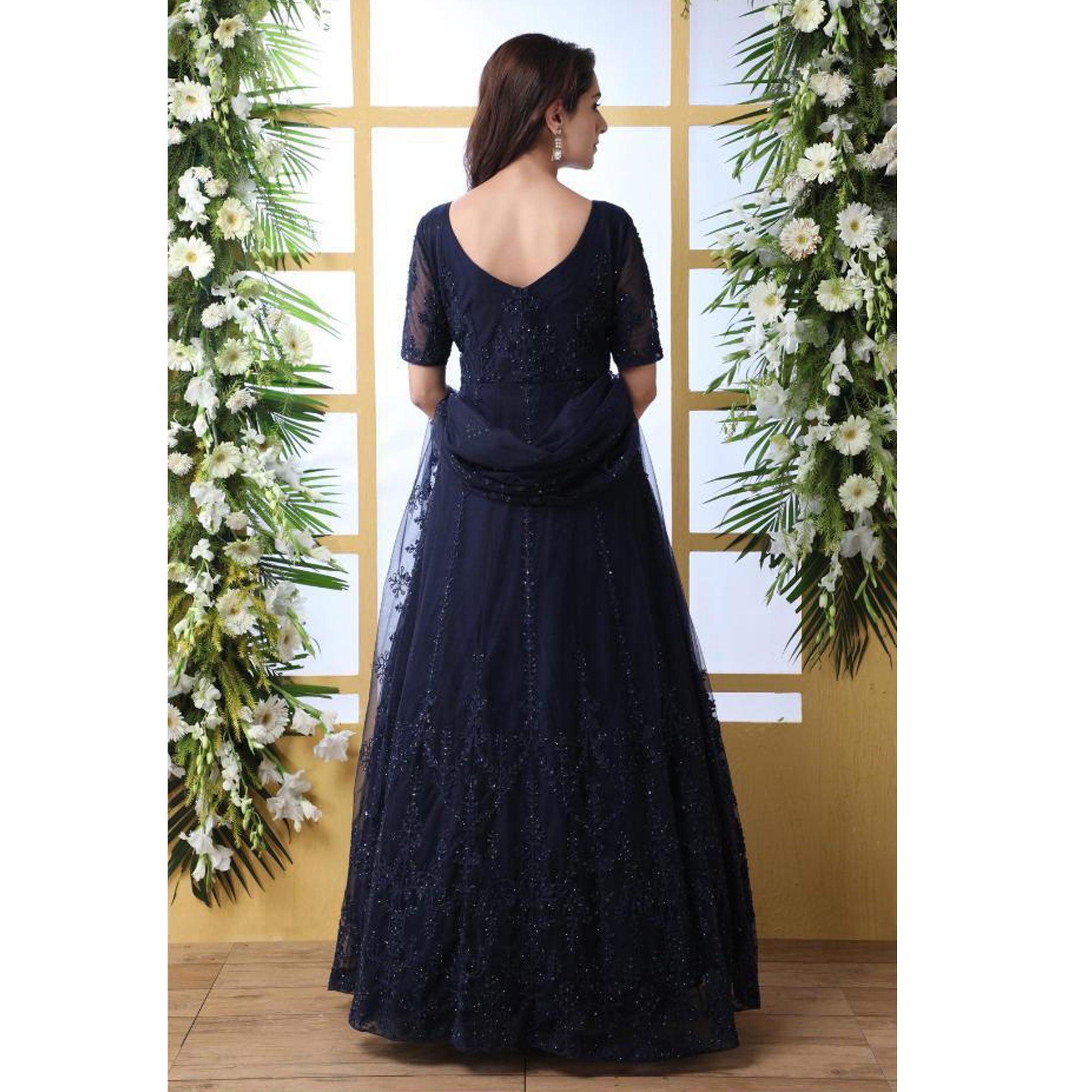 Hypnotic Navy Blue Colored Party Wear Embroidered Net Gown With Dupatta - Peachmode