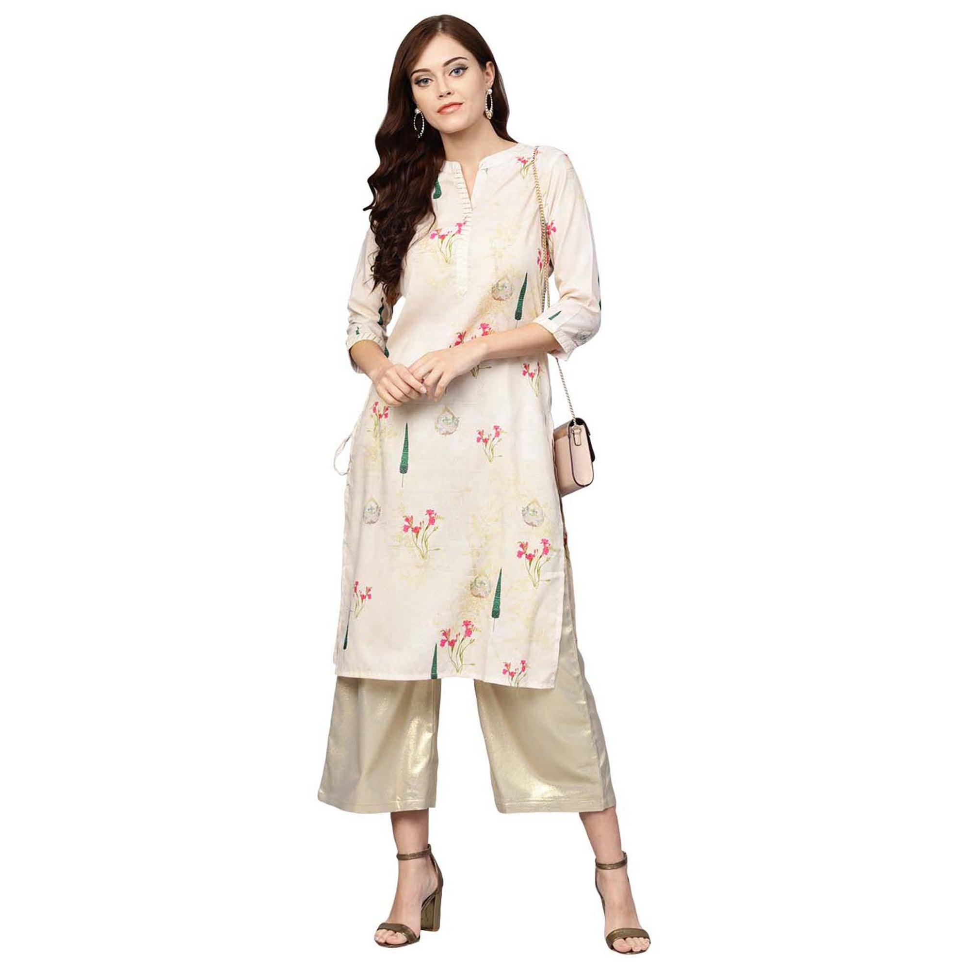 Hypnotic Off White Colored Casual Wear Printed Muslin Cotton Kurti - Peachmode