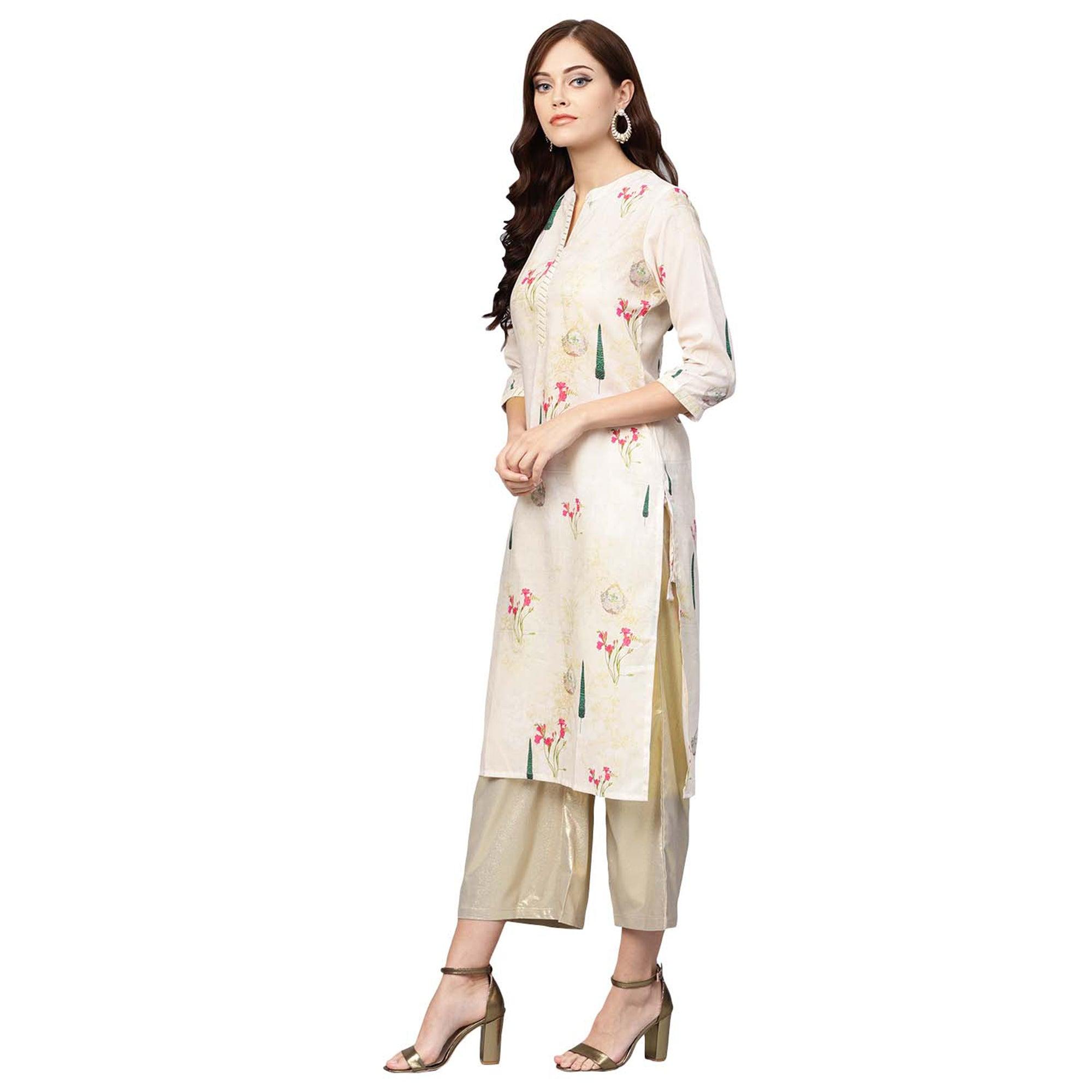 Hypnotic Off White Colored Casual Wear Printed Muslin Cotton Kurti - Peachmode