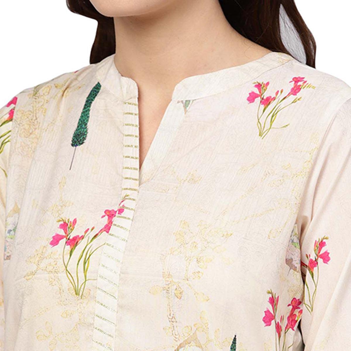 Hypnotic Off White Colored Casual Wear Printed Muslin Cotton Kurti - Peachmode