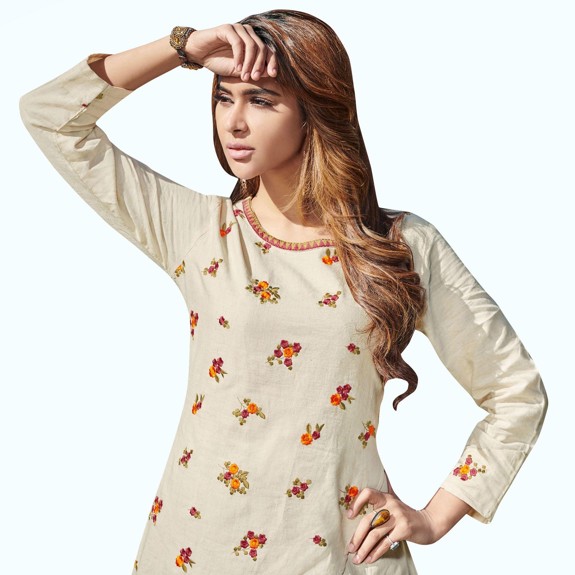 Hypnotic Off White Colored Partywear Embroidered Rayon Kurti - Peachmode