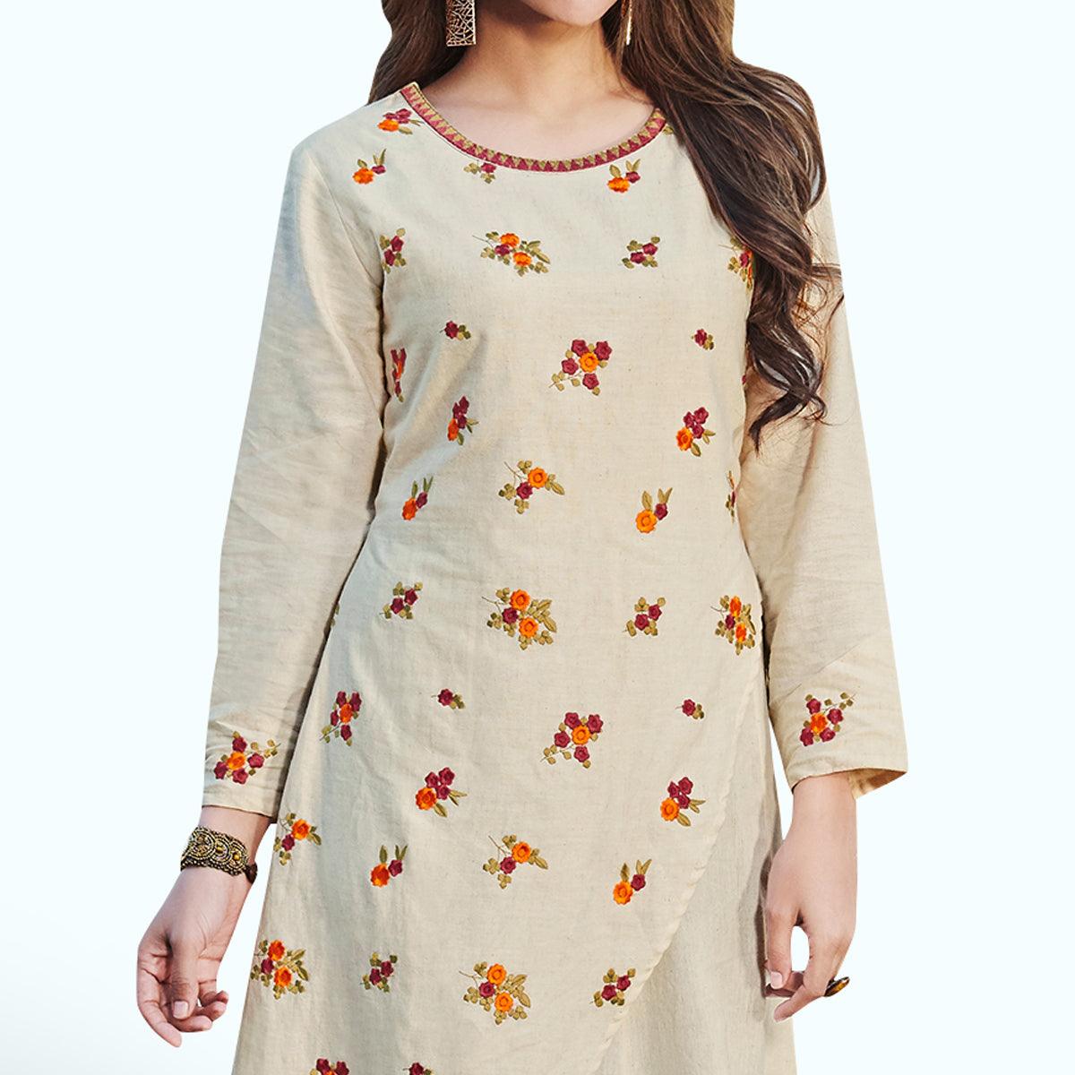Hypnotic Off White Colored Partywear Embroidered Rayon Kurti - Peachmode