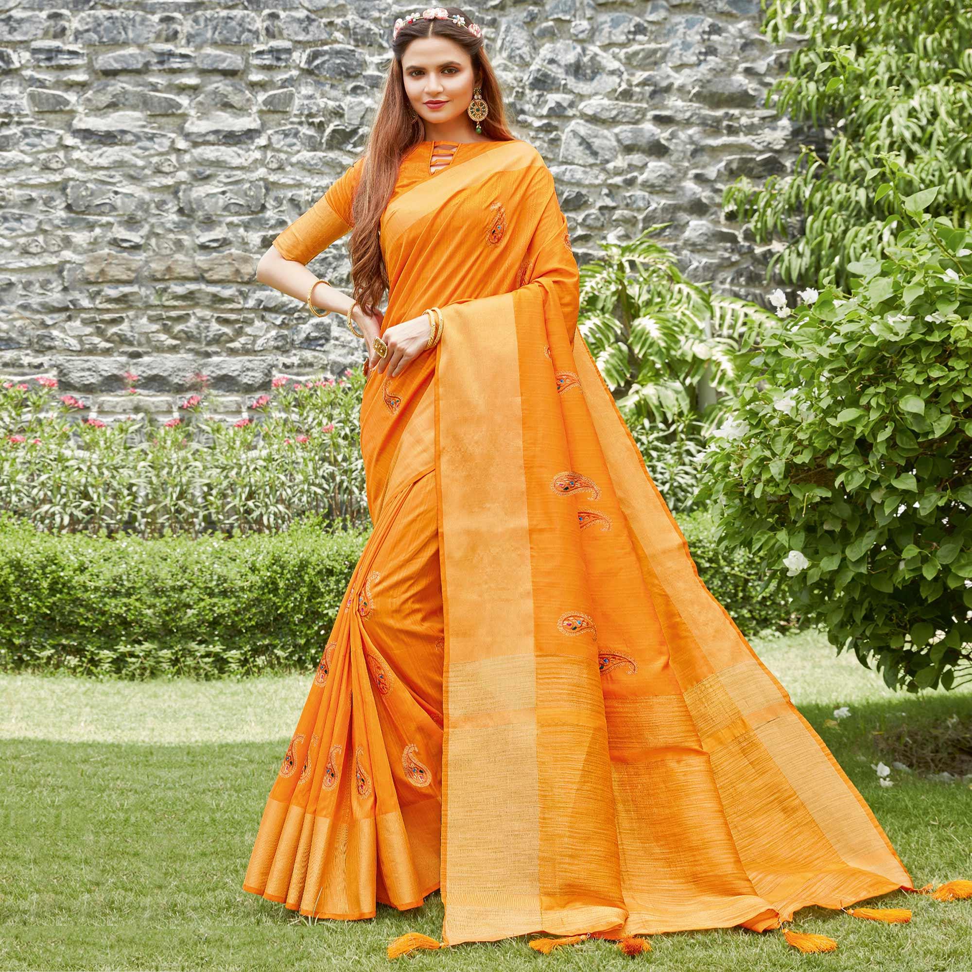 Hypnotic Orange Colored Festive Wear Woven Handloom Silk Saree - Peachmode