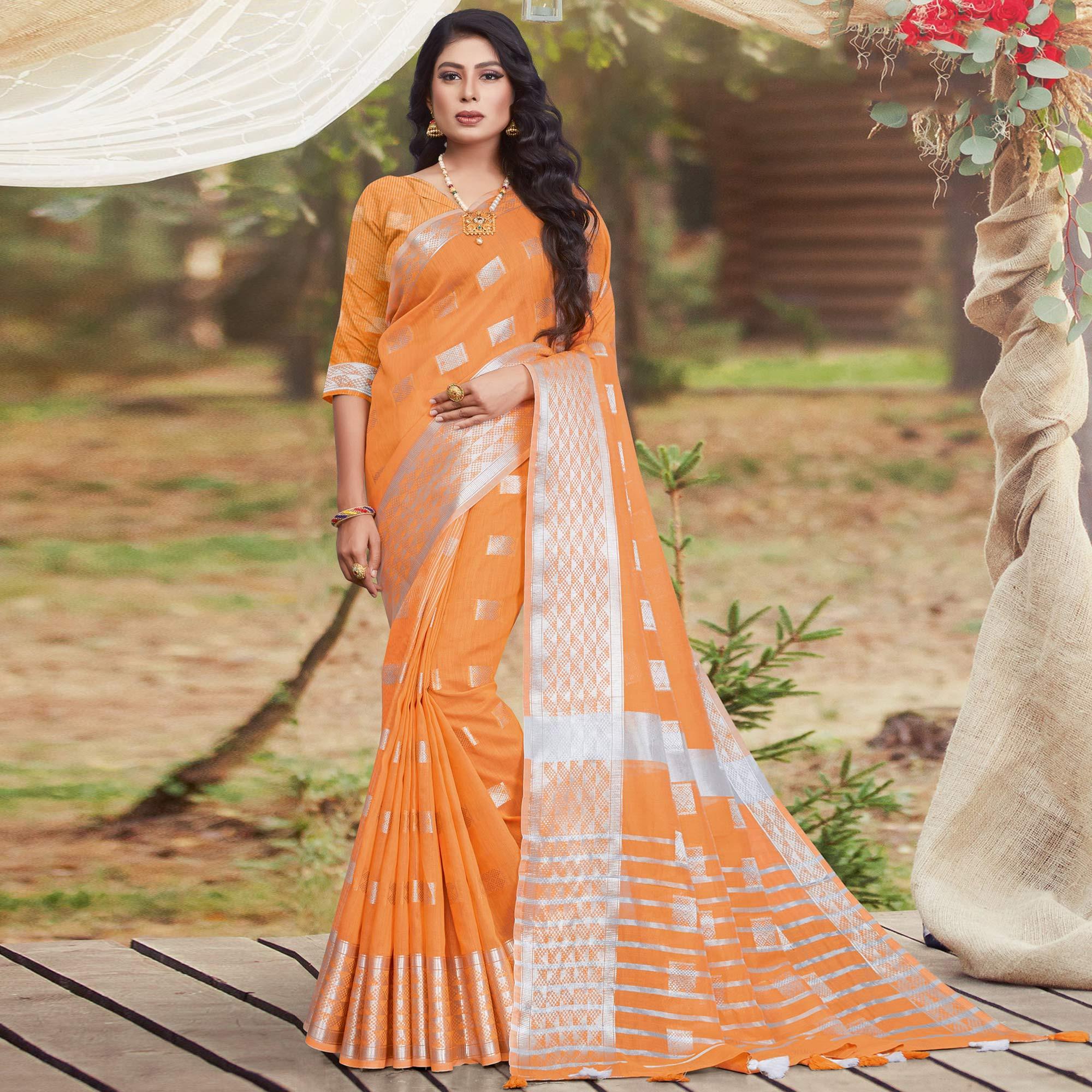 Hypnotic Orange Coloured Partywear Woven Linen Cotton Saree - Peachmode