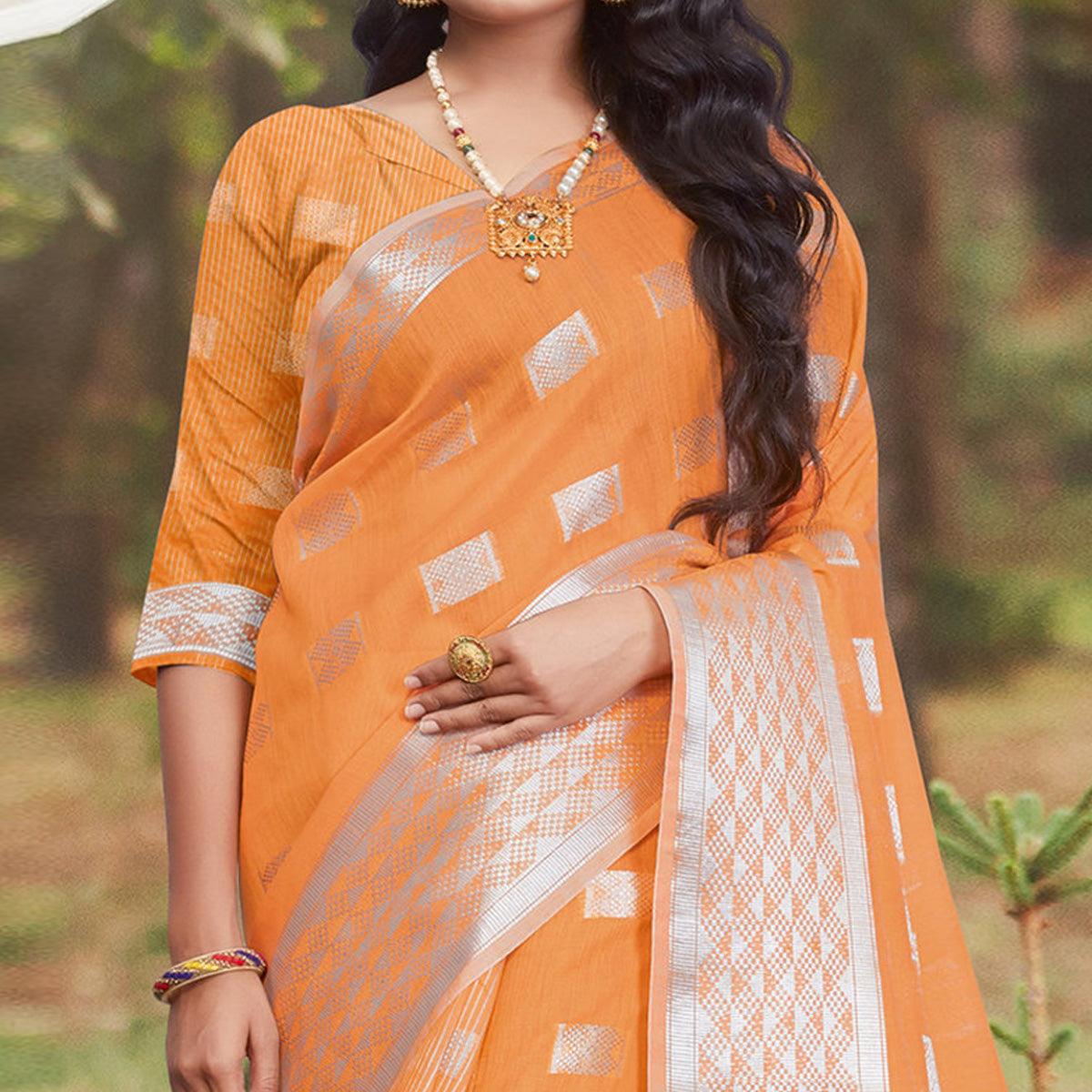 Hypnotic Orange Coloured Partywear Woven Linen Cotton Saree - Peachmode