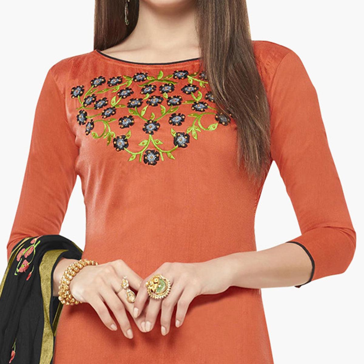 Hypnotic Peach Colored Casual Wear Embroidered Cotton Dress Material - Peachmode