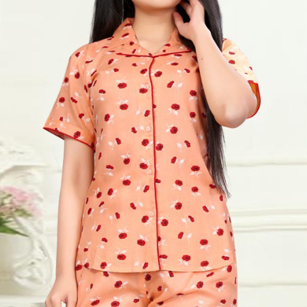 Hypnotic Peach Colored Printed Cotton Rayon Night Suit - Peachmode