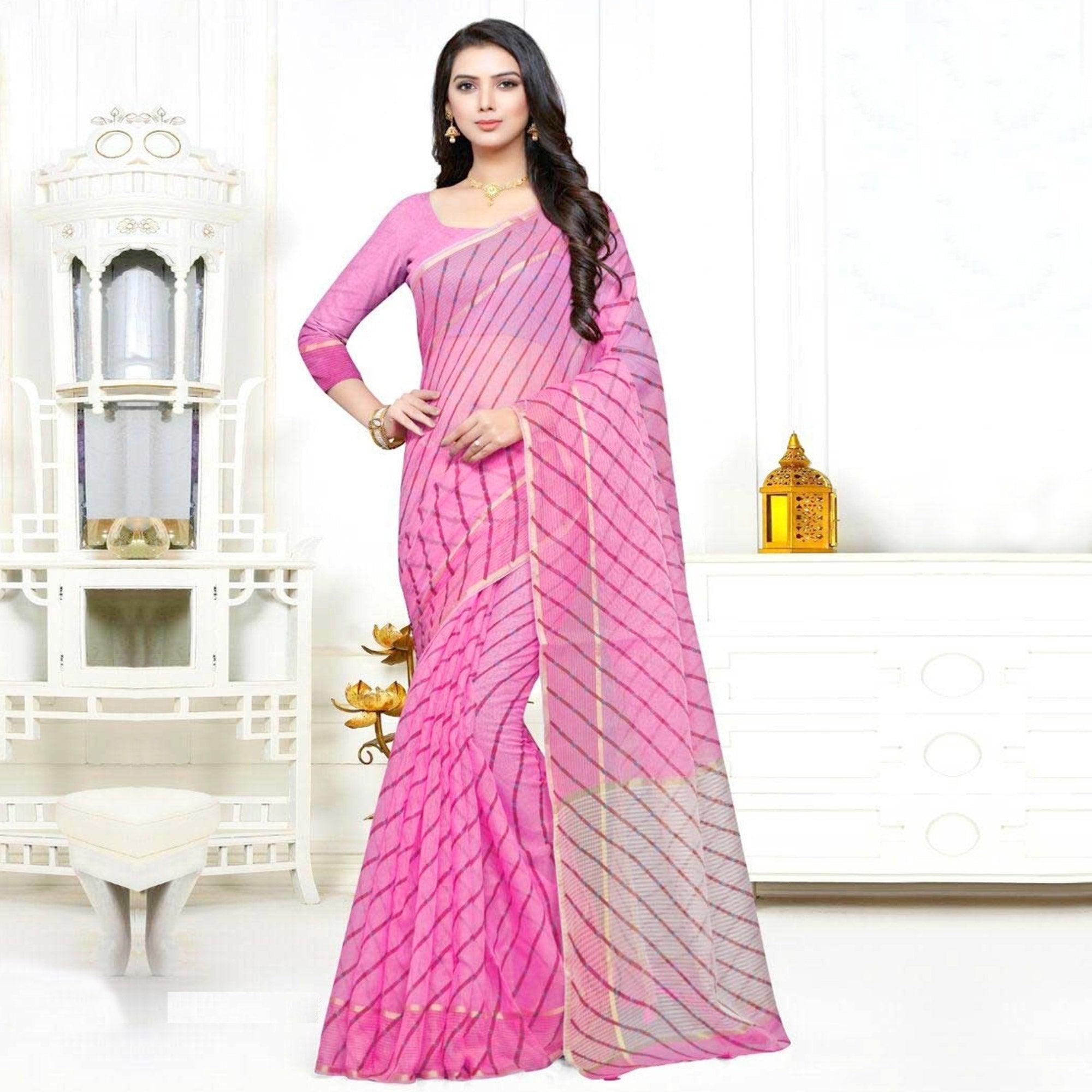 Hypnotic Pink Colored Casual Wear Stripe Printed Kota Doria Cotton Saree With Tassels - Peachmode