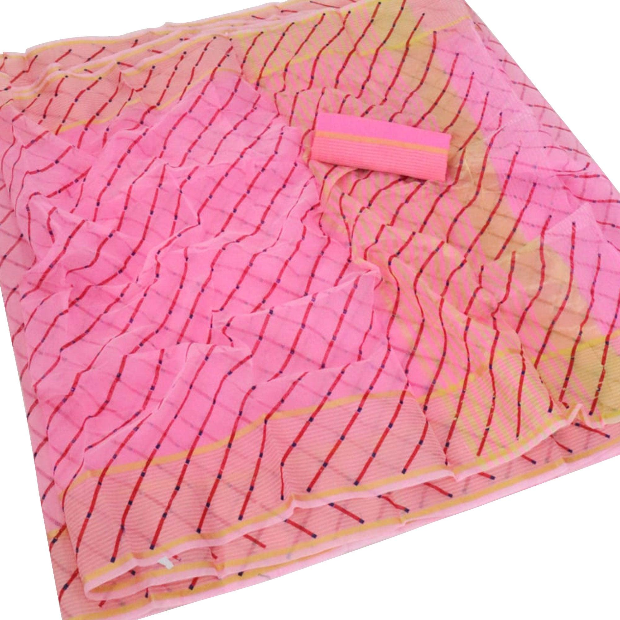 Hypnotic Pink Colored Casual Wear Stripe Printed Kota Doria Cotton Saree With Tassels - Peachmode