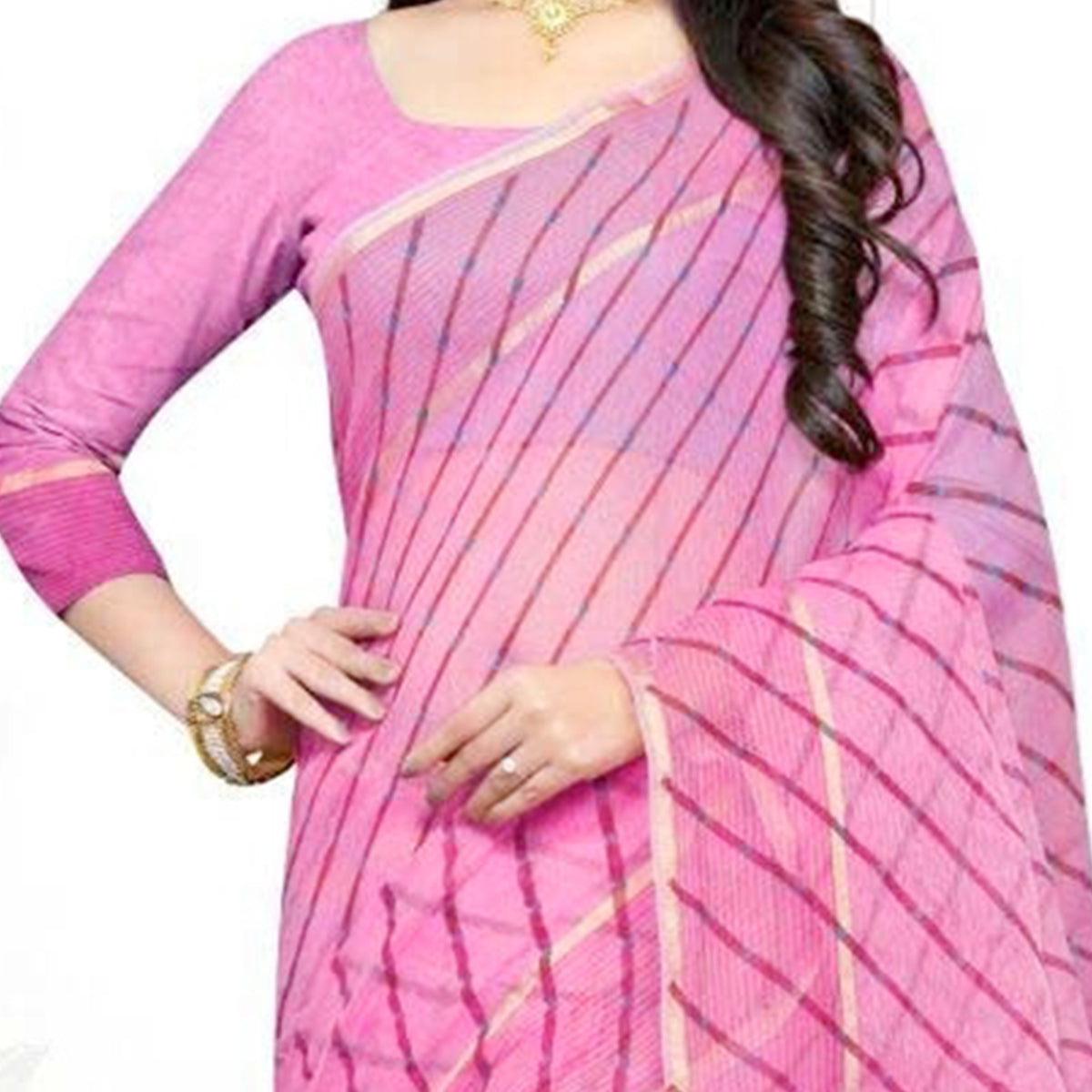 Hypnotic Pink Colored Casual Wear Stripe Printed Kota Doria Cotton Saree With Tassels - Peachmode