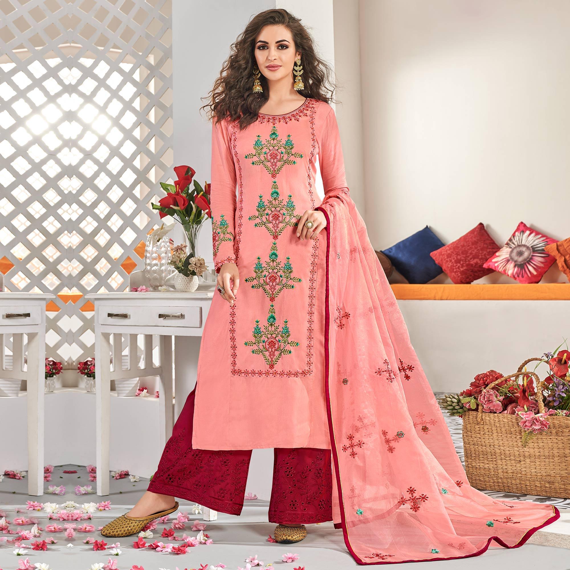 Hypnotic Pink Colored Partywear Floral Embroidered Cotton Kurti-Palazzo Set With Dupatta - Peachmode