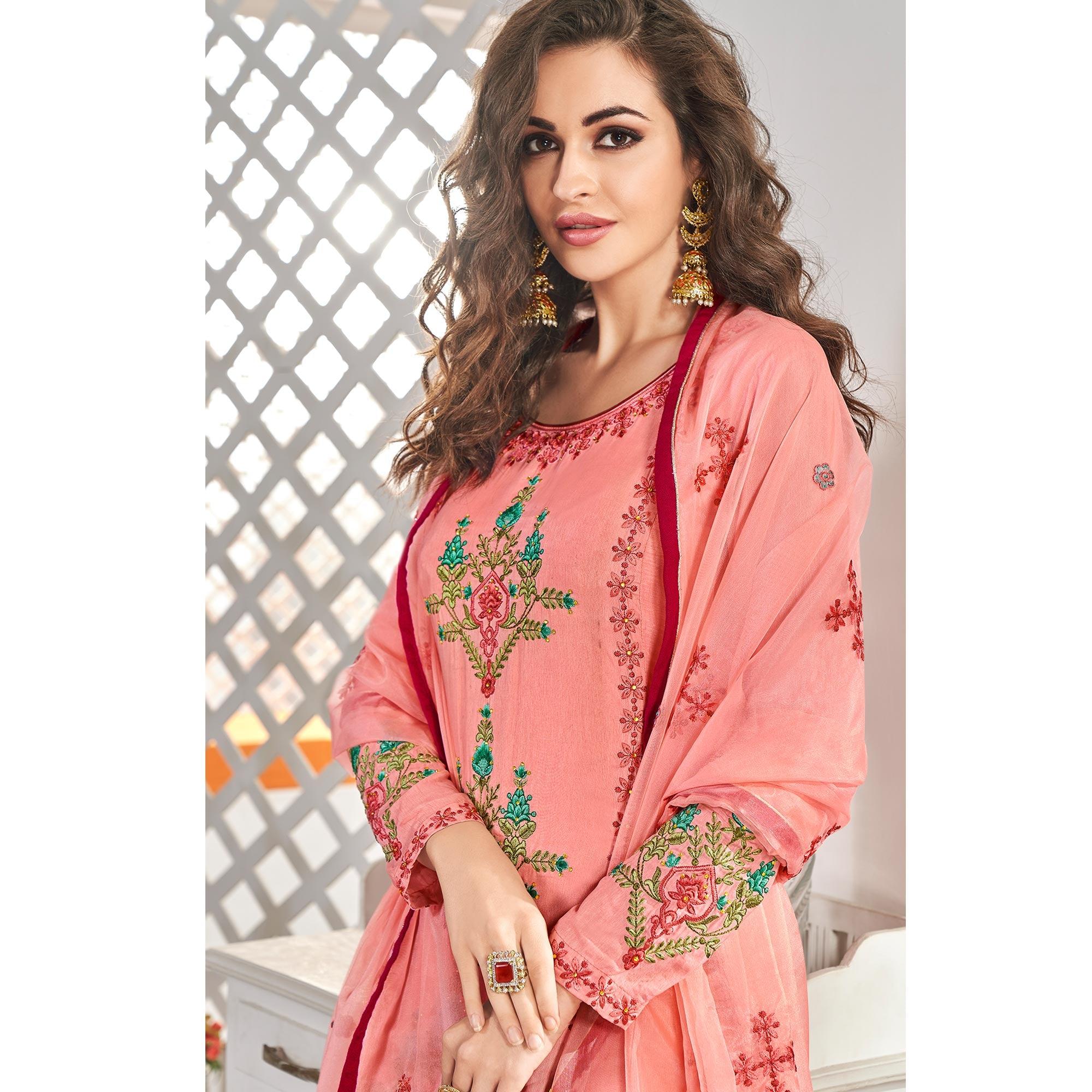Hypnotic Pink Colored Partywear Floral Embroidered Cotton Kurti-Palazzo Set With Dupatta - Peachmode