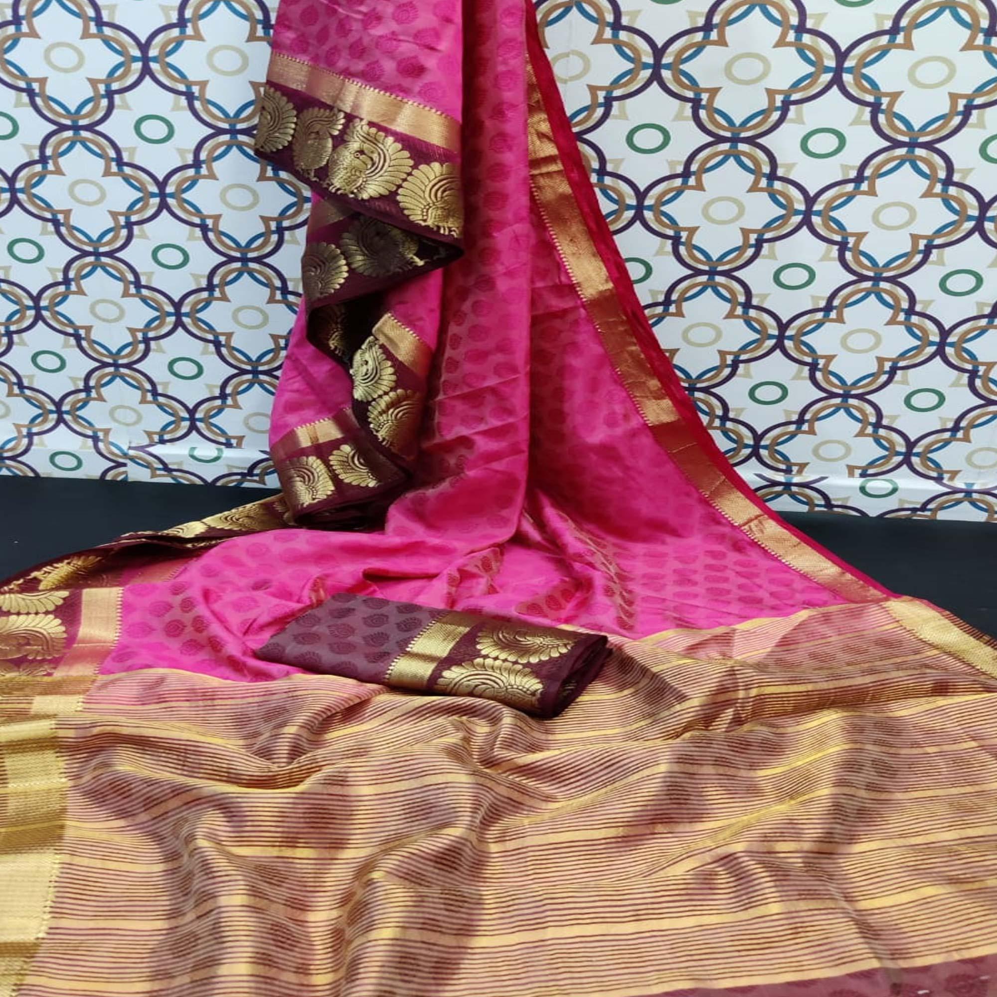 Hypnotic Pink Coloured Festive Wear Woven Art Silk Saree - Peachmode