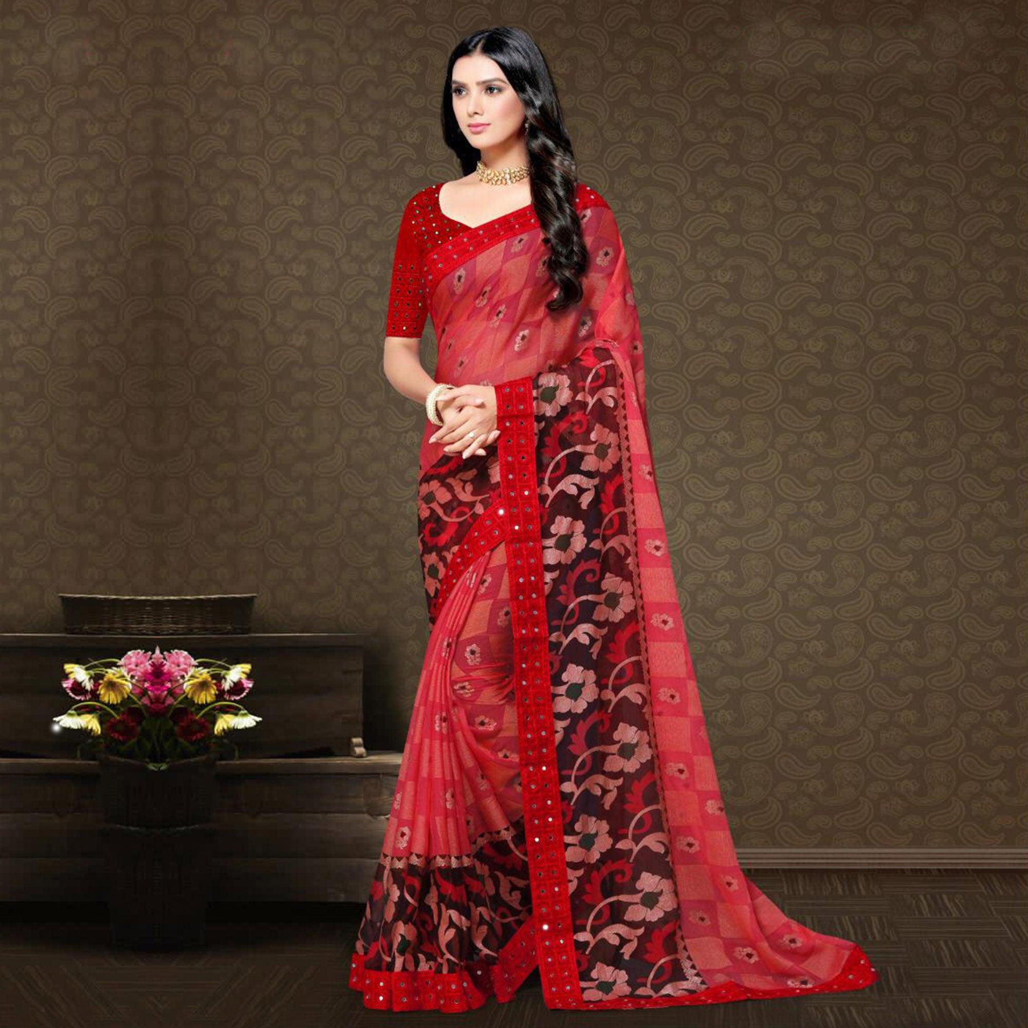 Hypnotic Pink - Peach Colored Partywear Embroidered Chiffon Brasso Saree - Peachmode