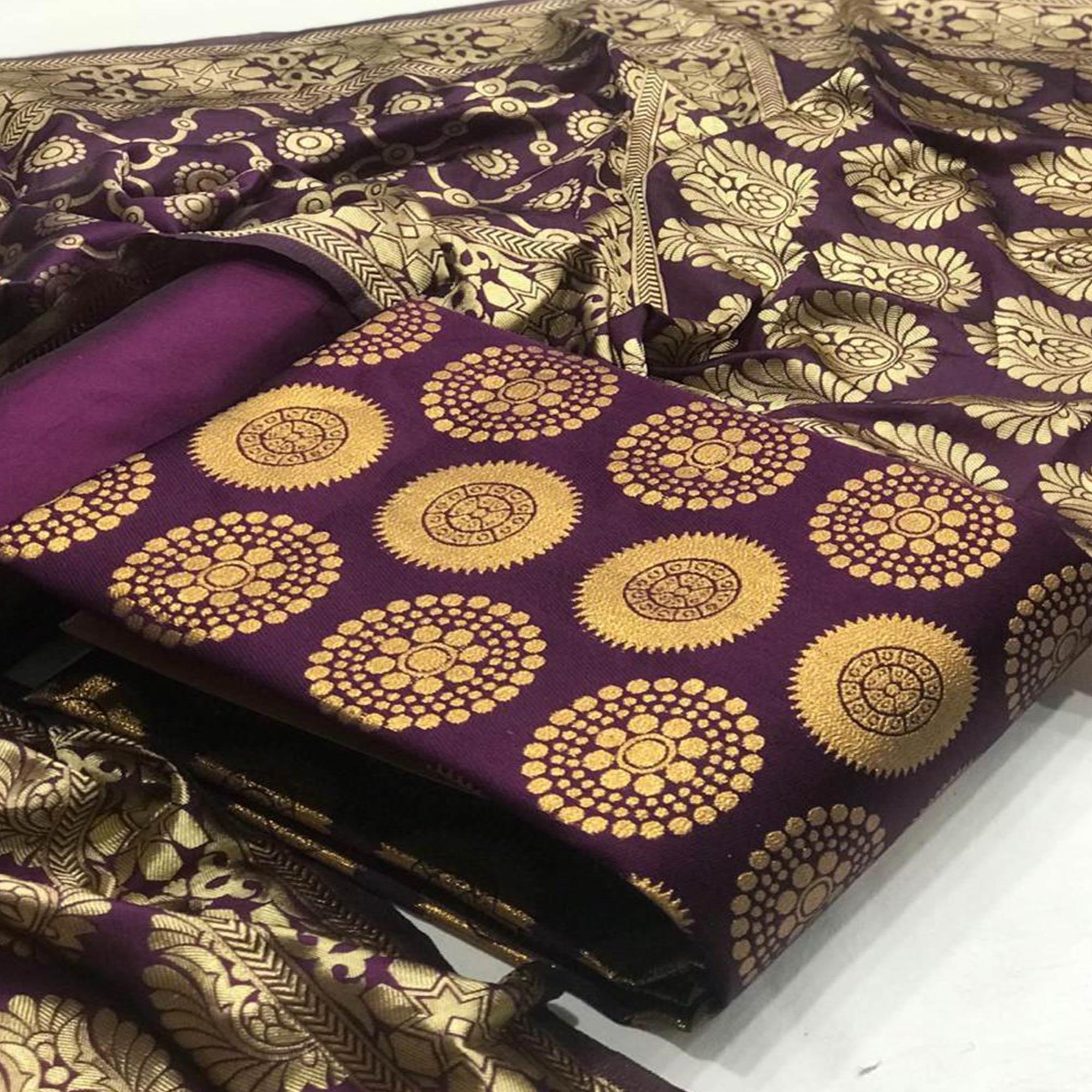 Hypnotic Purple Colored Casual Wear Woven Banarasi Silk Dress Material - Peachmode