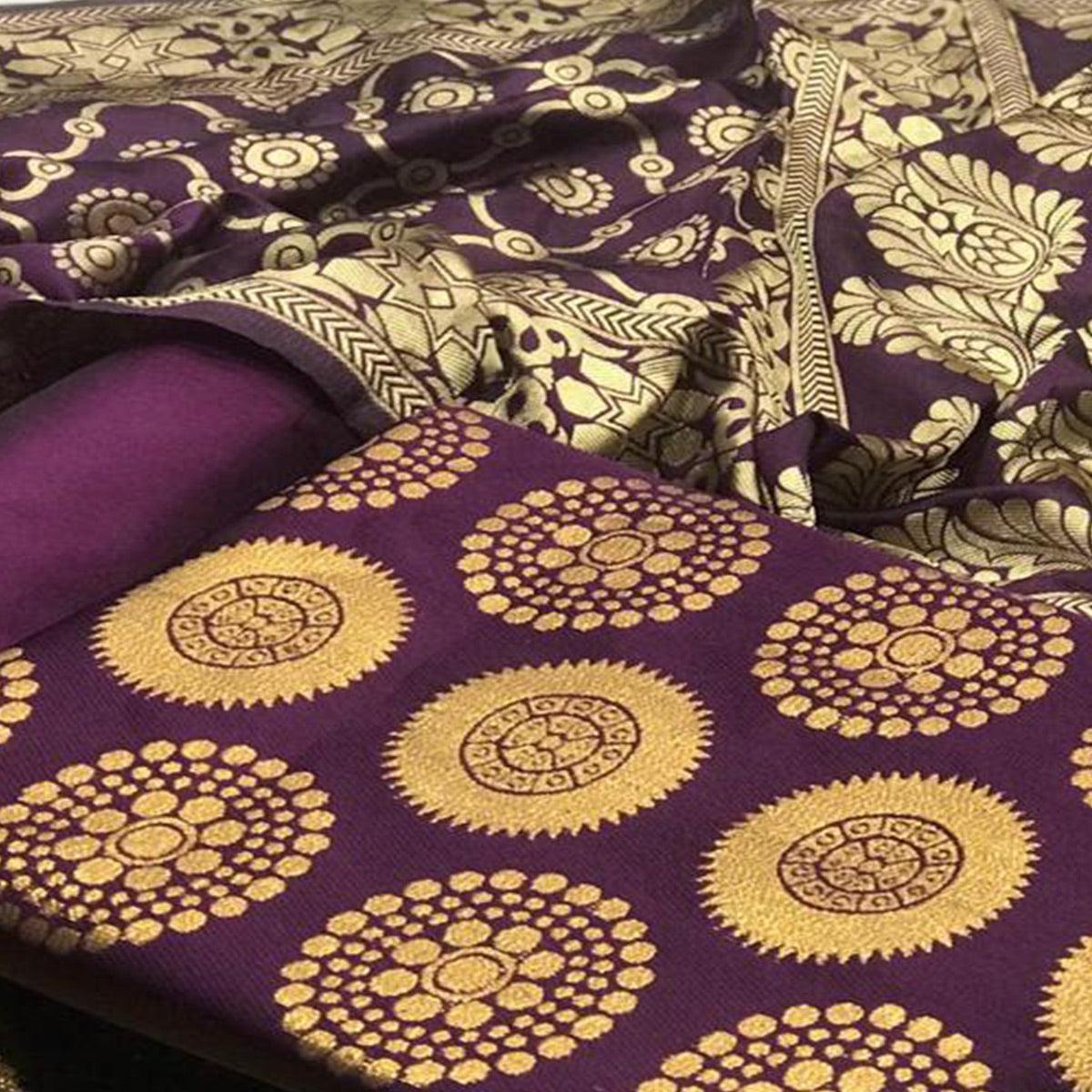 Hypnotic Purple Colored Casual Wear Woven Banarasi Silk Dress Material - Peachmode