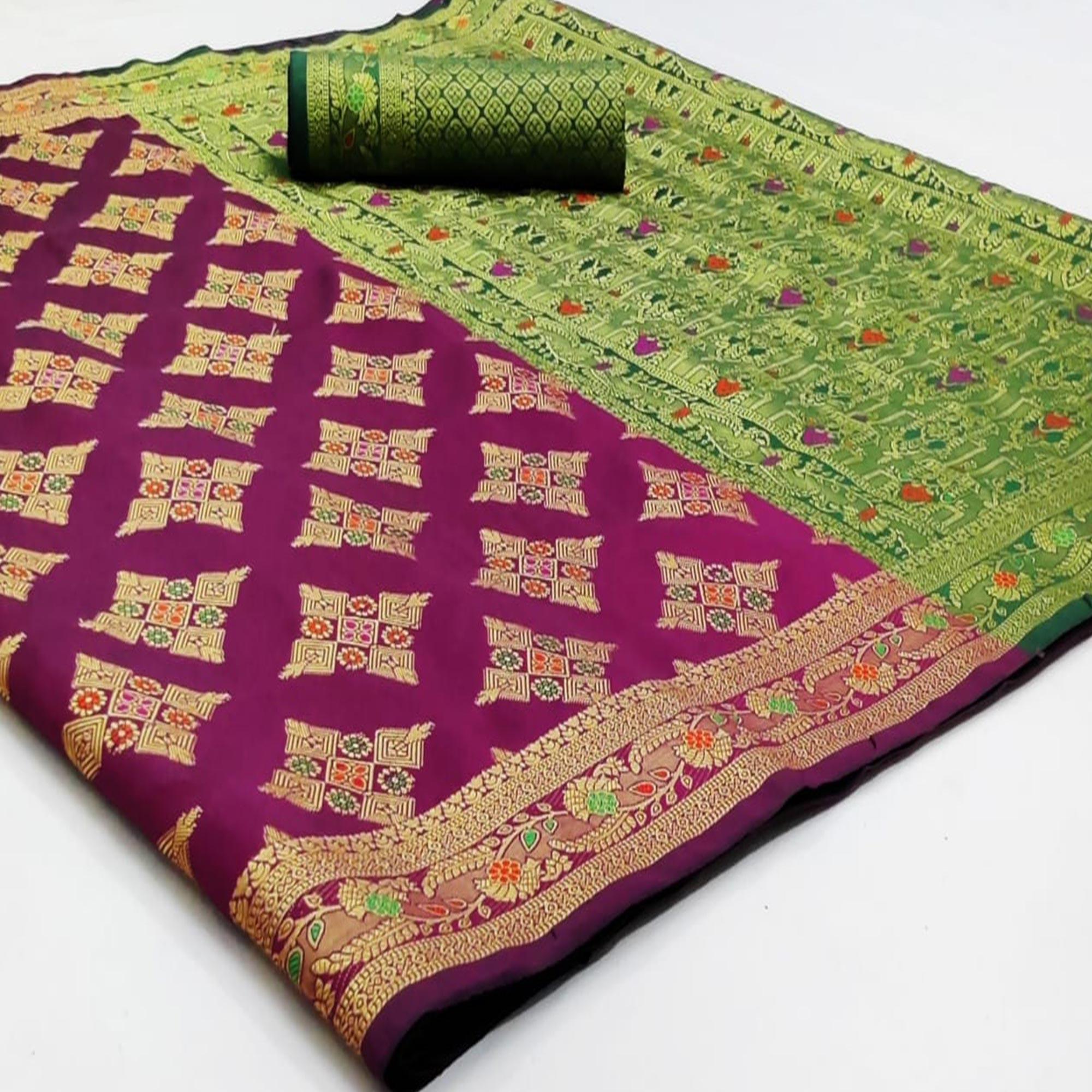 Hypnotic Purple Colored Festive Wear Woven Silk Saree - Peachmode