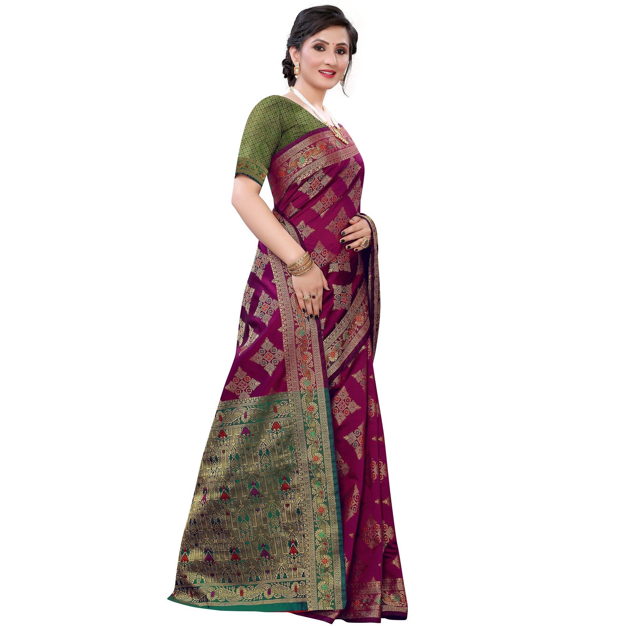 Hypnotic Purple Colored Festive Wear Woven Silk Saree - Peachmode
