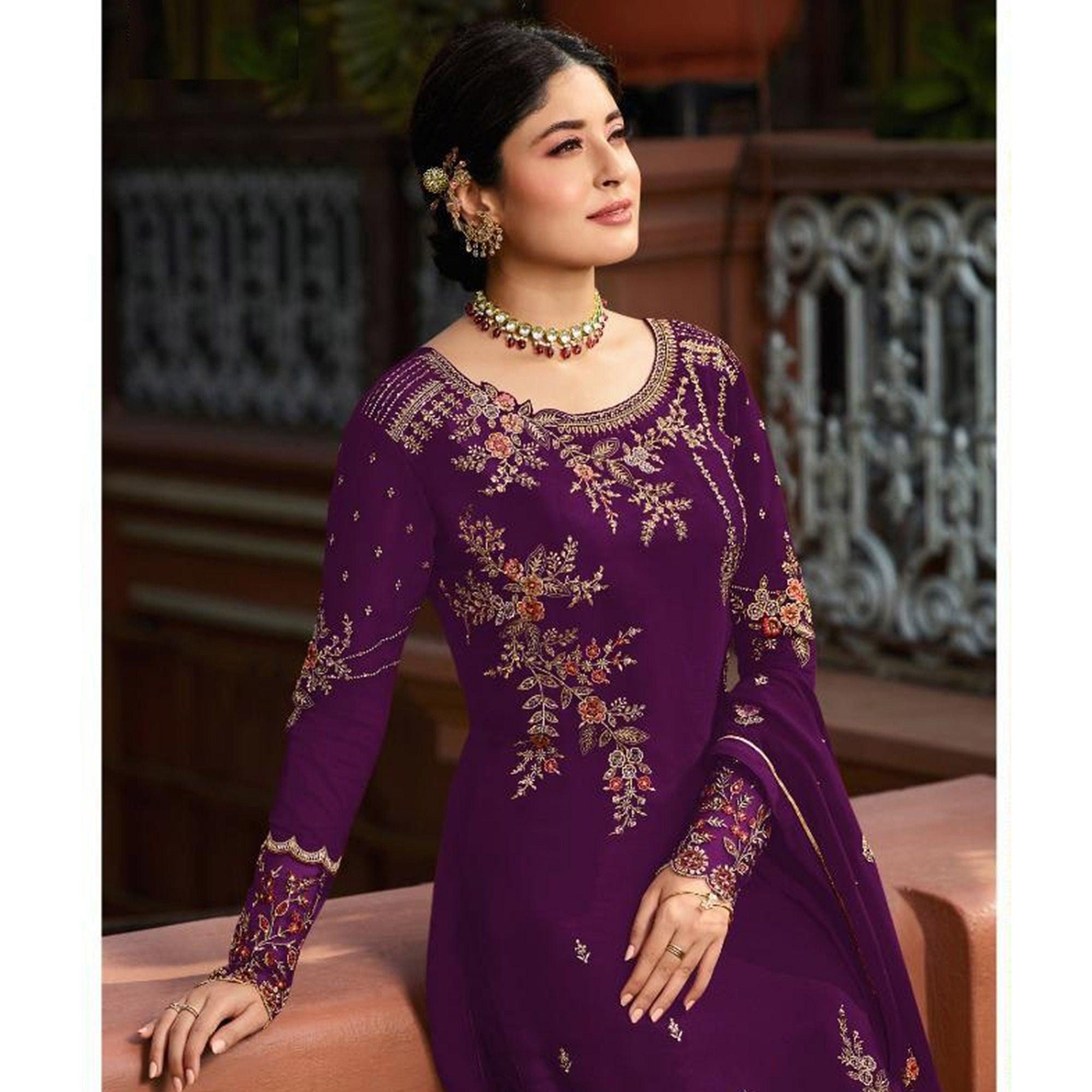 Hypnotic Purple Colored Partywear Embroidered Gerorgette Straight Suit - Peachmode