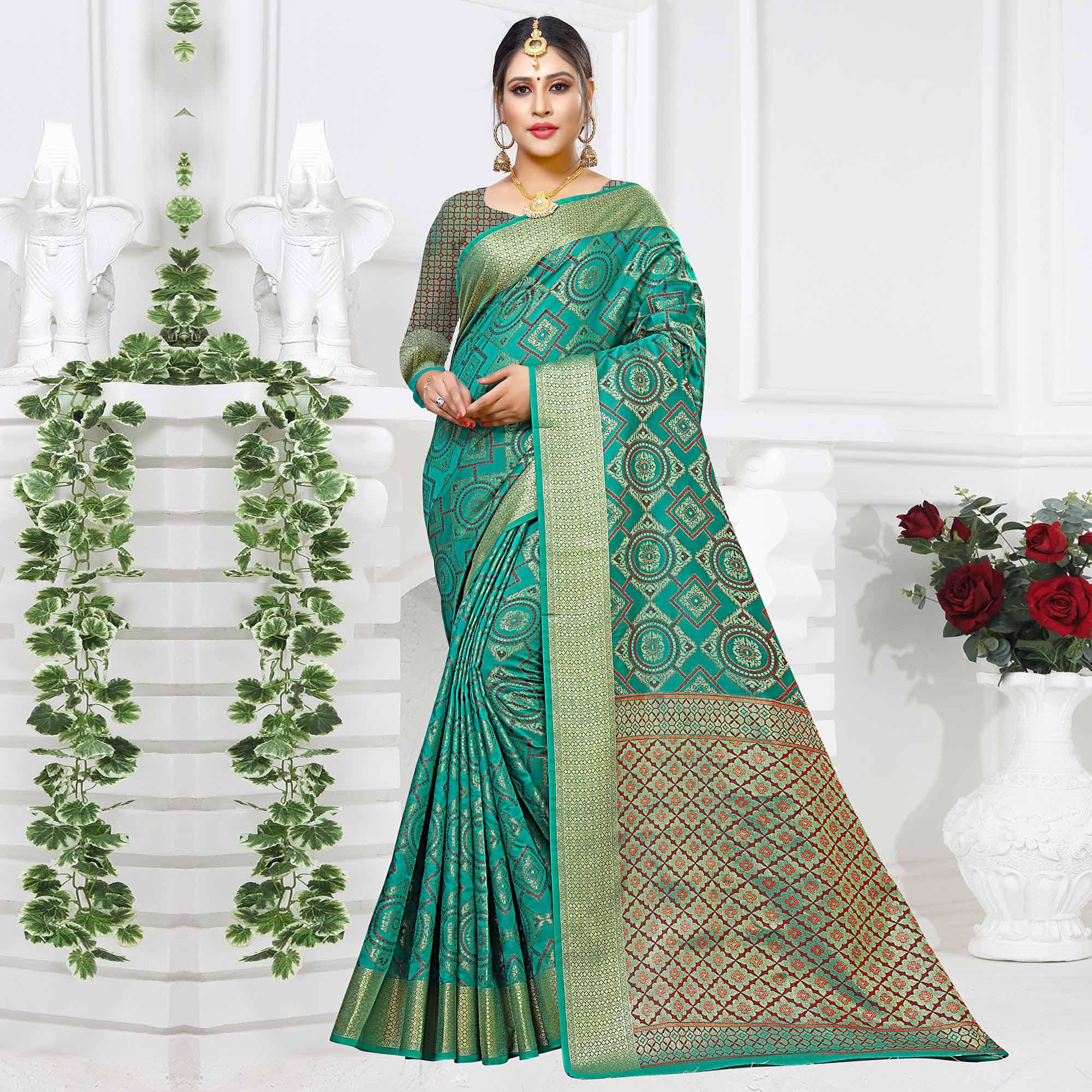 Hypnotic Rama Green Colored Festive Wear Woven Silk Saree - Peachmode