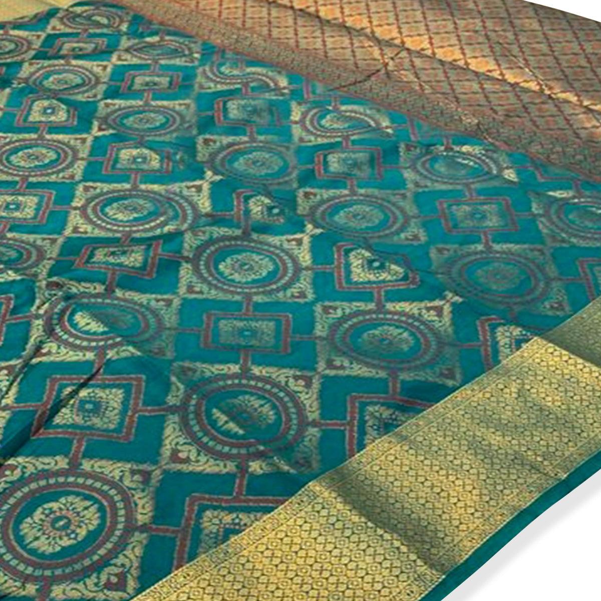 Hypnotic Rama Green Colored Festive Wear Woven Silk Saree - Peachmode